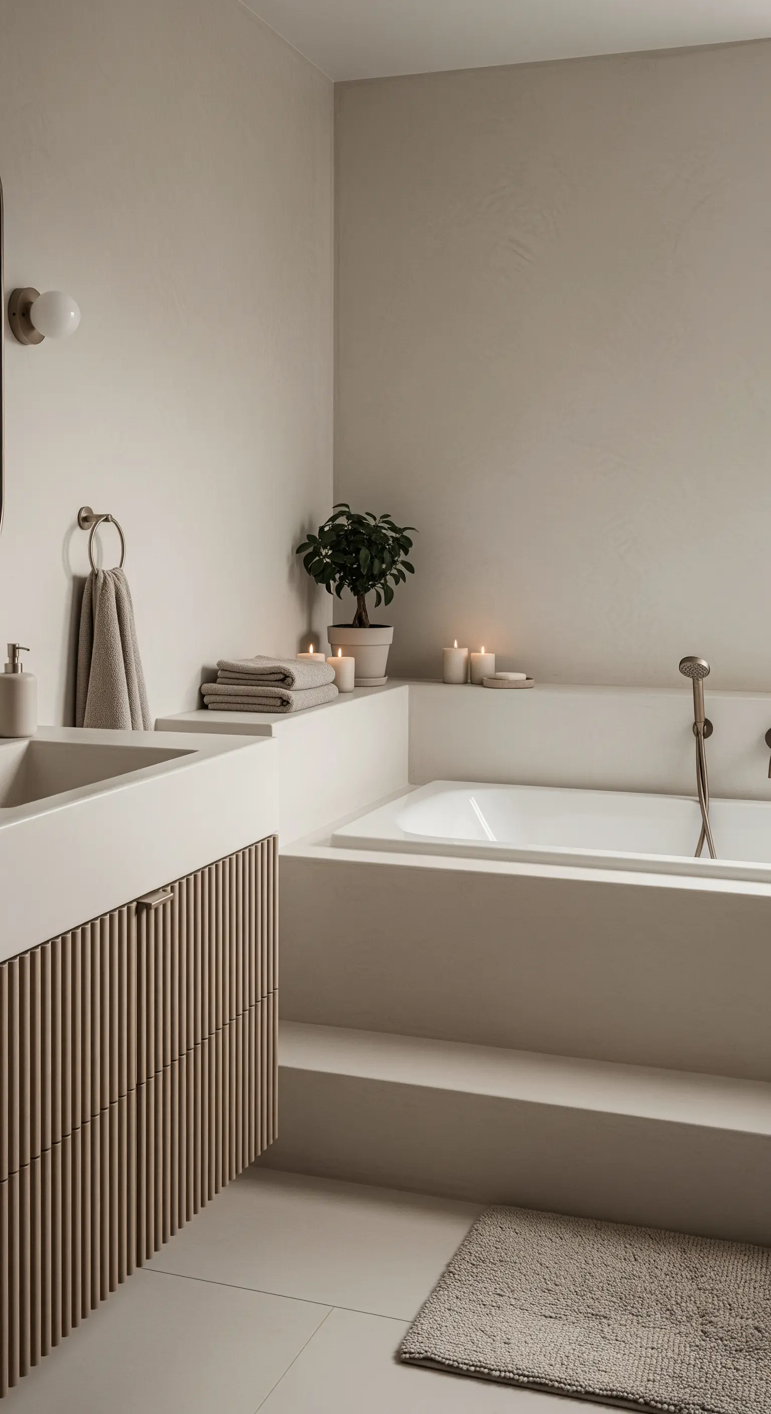 Gestuftes Badewannen-Podest aus beigem Mikrozement in einem minimalistischen Spa-Badezimmer