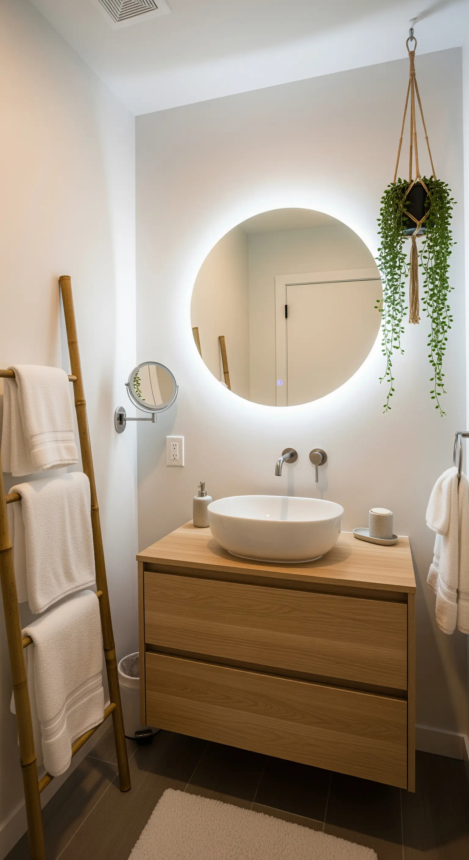 Modernes Badezimmer mit einem großen, runden Spiegel mit LED-Hintergrundbeleuchtung.