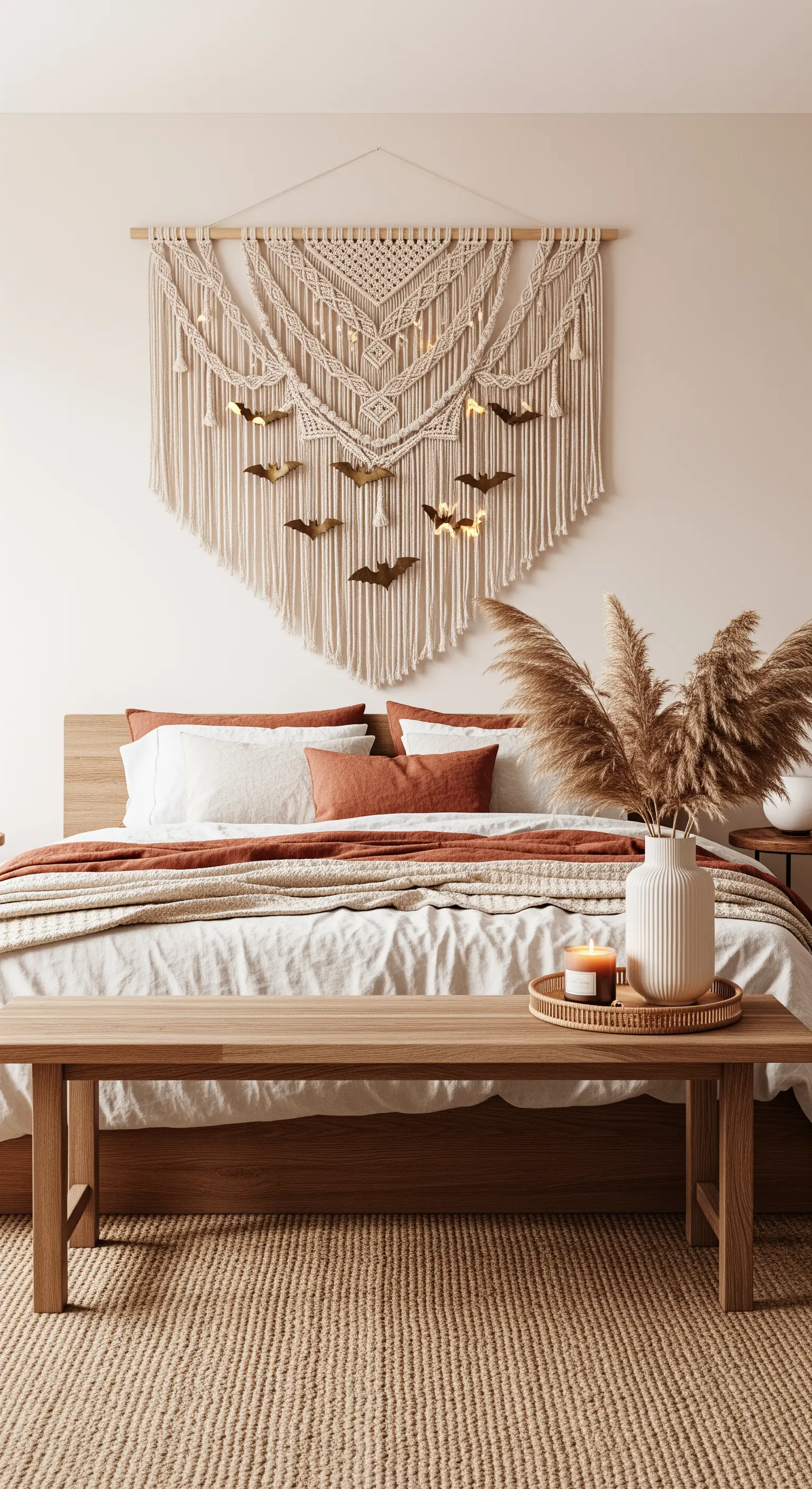 Boho-Schlafzimmer mit Makramee, Fledermaus-Lichterkette und Pampasgras.