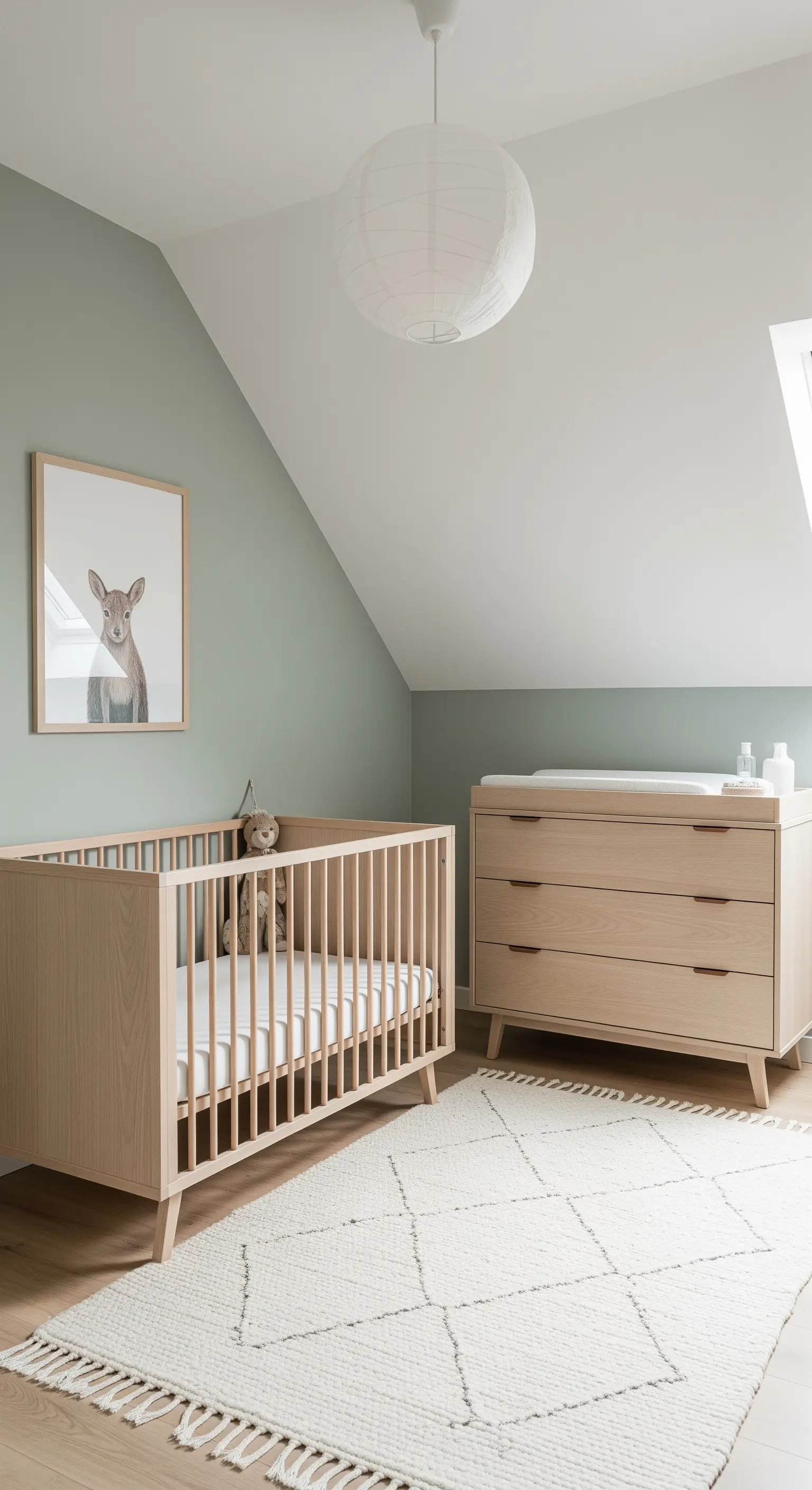 Ruhiges Babyzimmer mit salbeigrüner Wand, Möbeln aus hellem Holz und einem cremefarbenen Teppich.