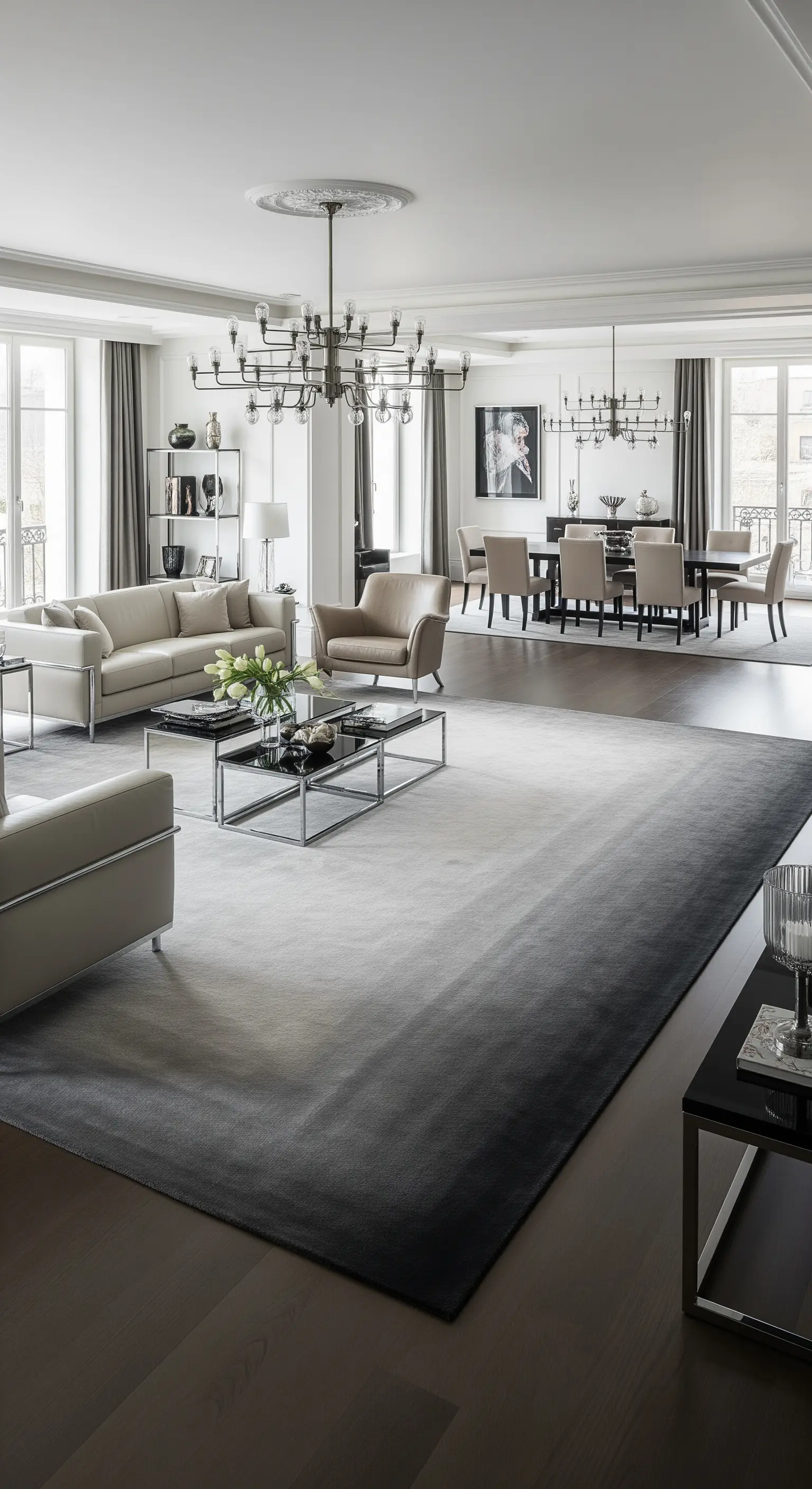 Offener Wohn- und Essbereich mit einem großen Teppich mit grauem Farbverlauf.