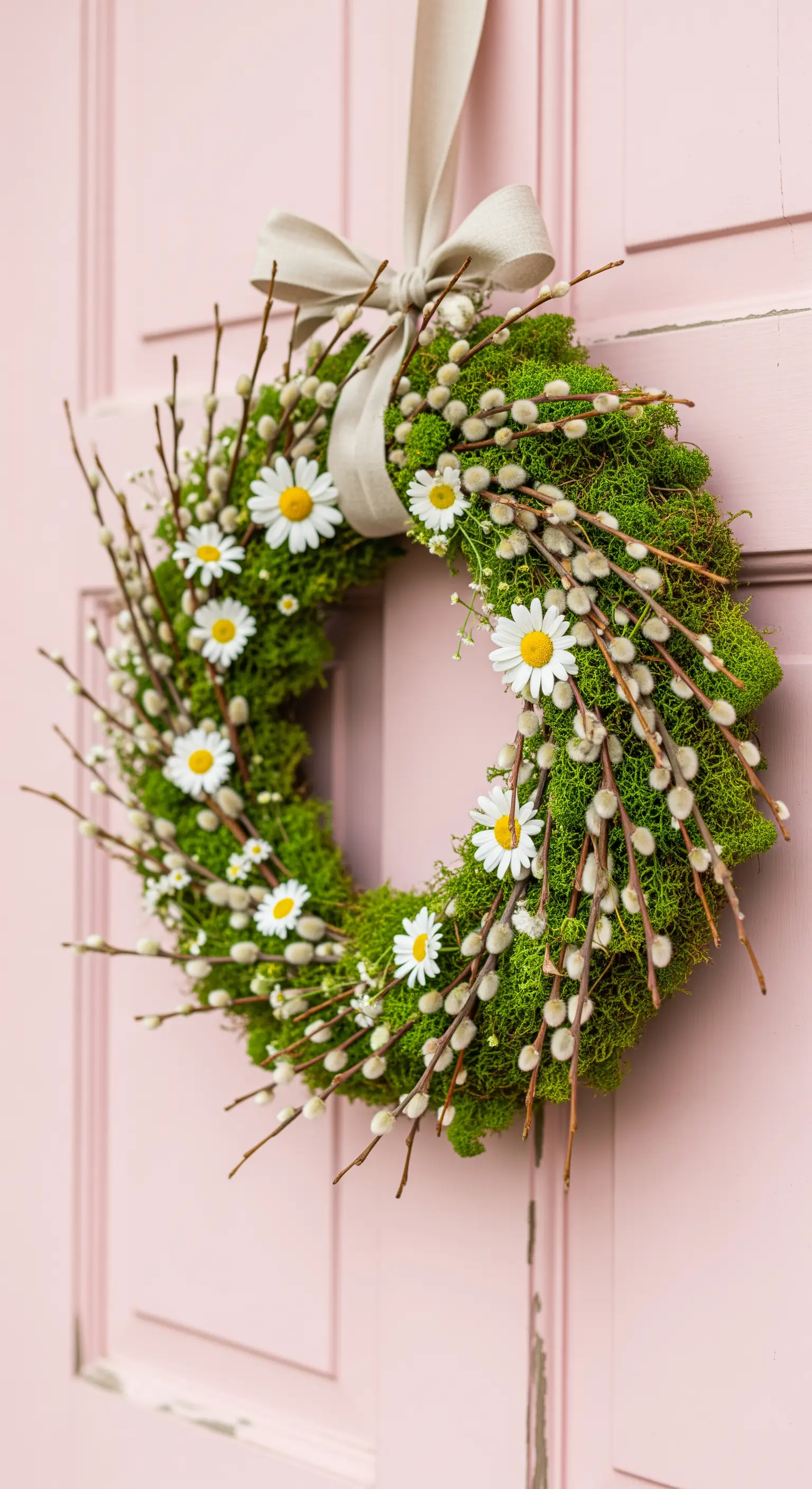 Weidenkätzchen-Mooskranz mit Gänseblümchen und Schleife an rosafarbener Tür