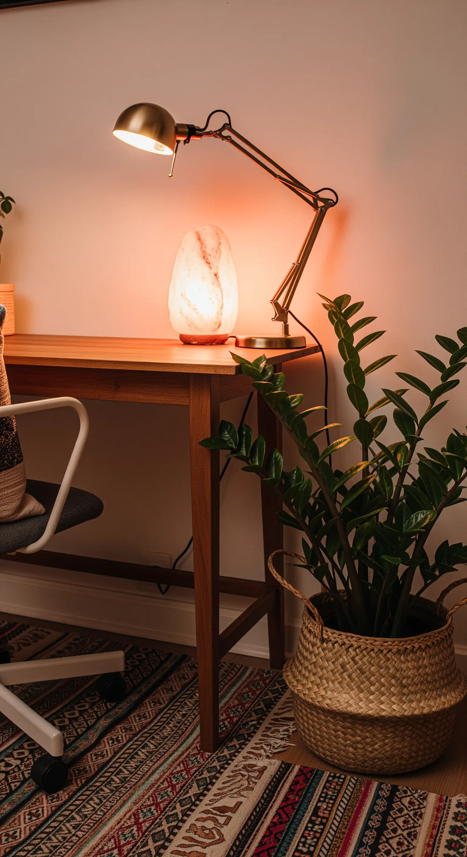 Ein Schreibtisch mit einer goldenen Lampe und einer leuchtenden Salzkristall-Lampe für warmes Ambiente.