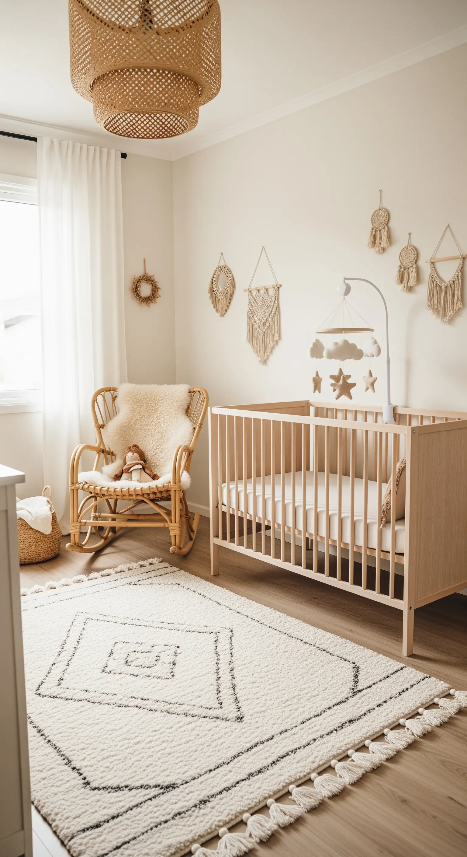 Helles Boho-Kinderzimmer mit Rattan-Schaukelstuhl, Berber-Teppich und Makramee an der Wand.