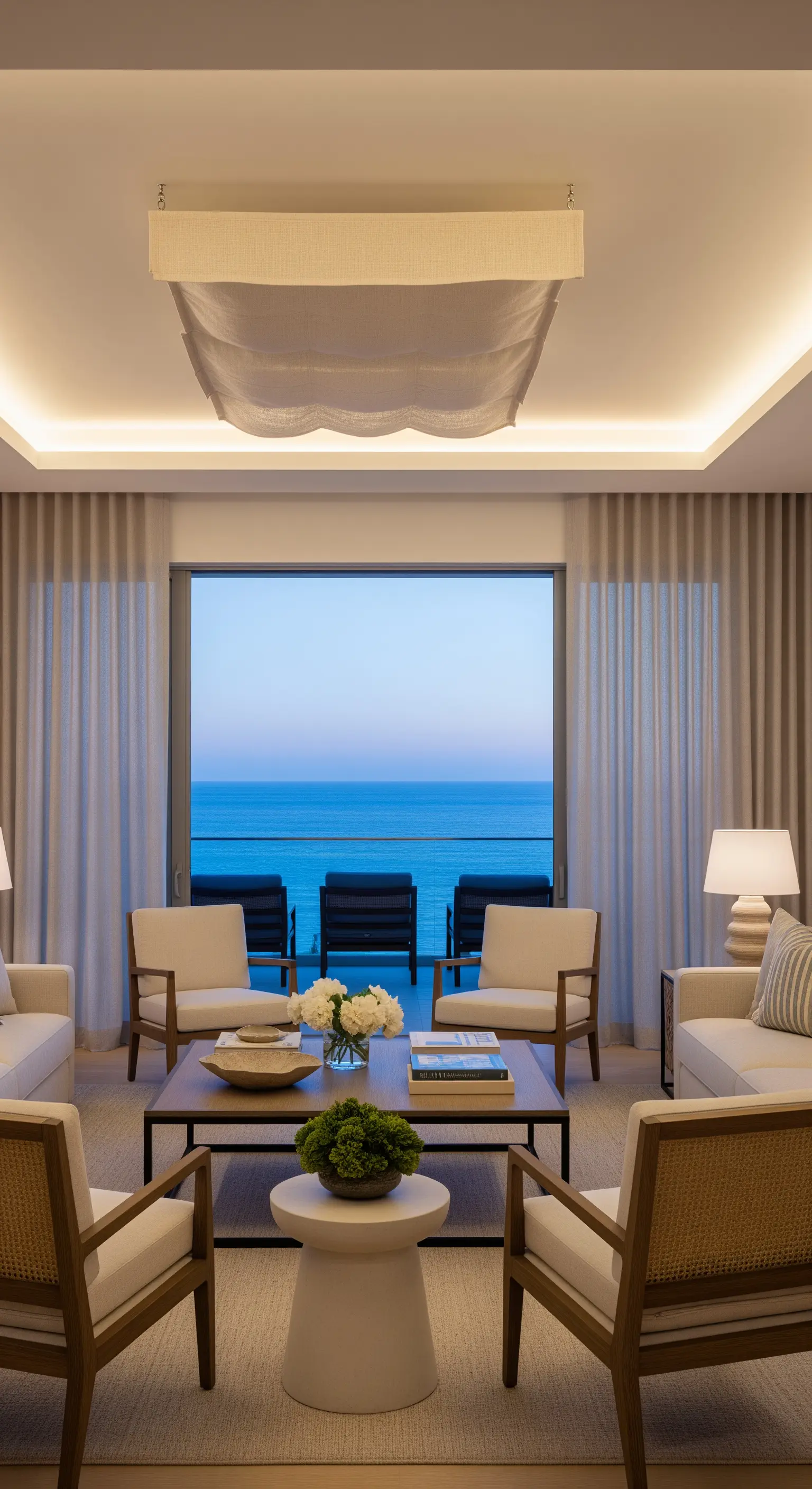 Wohnzimmer mit Meerblick, Voutenbeleuchtung an der Decke und hellen Vorhängen