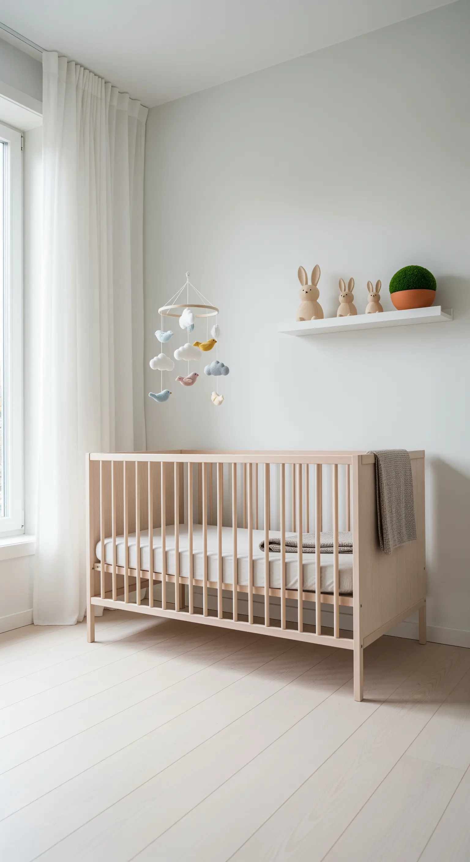 Kinderzimmer mit Holzbett, Mobile, Holzhasen und Moosball