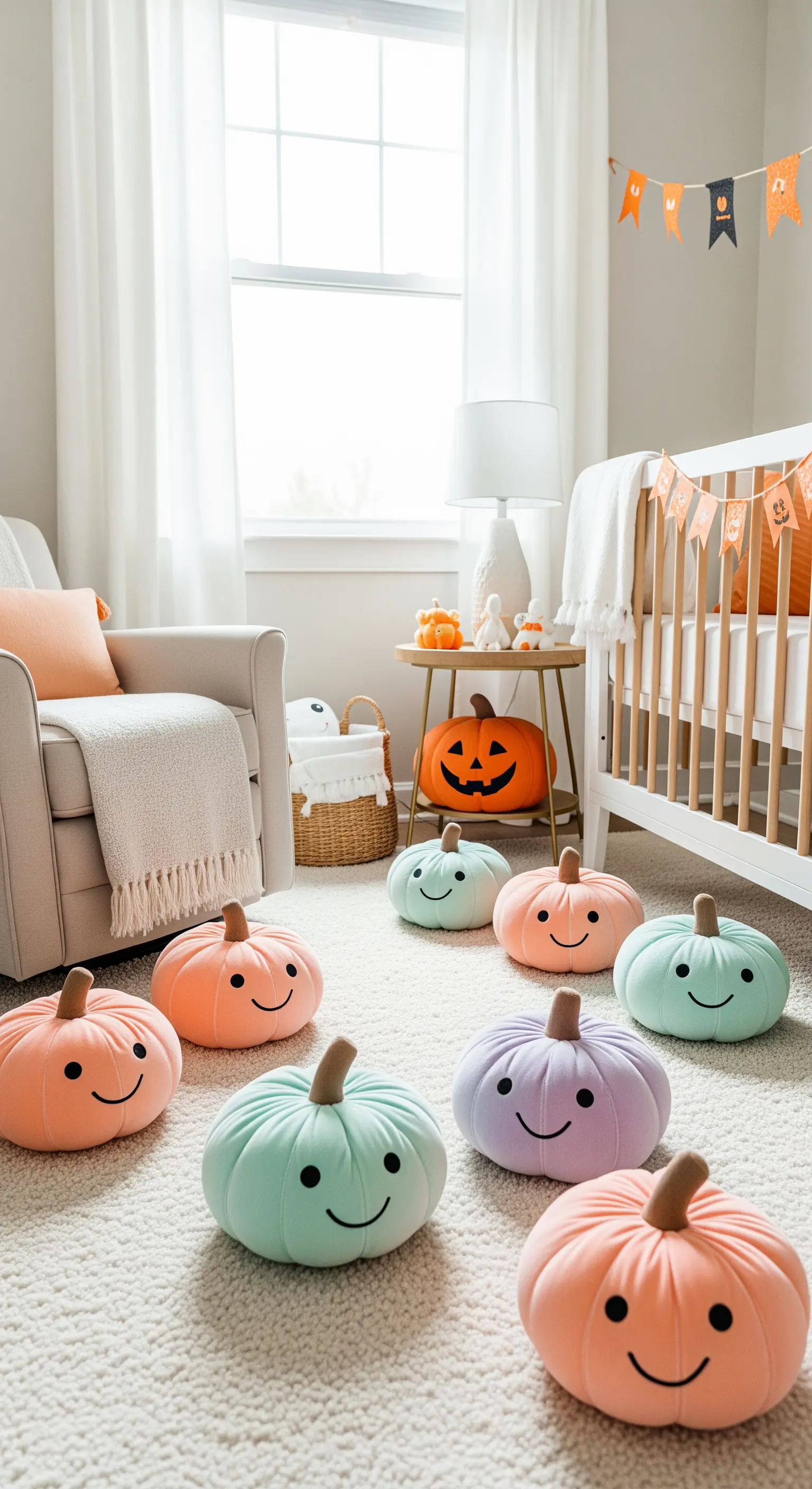Weiche Plüschkürbisse in Pastellfarben auf einem beigen Teppich im Kinderzimmer.