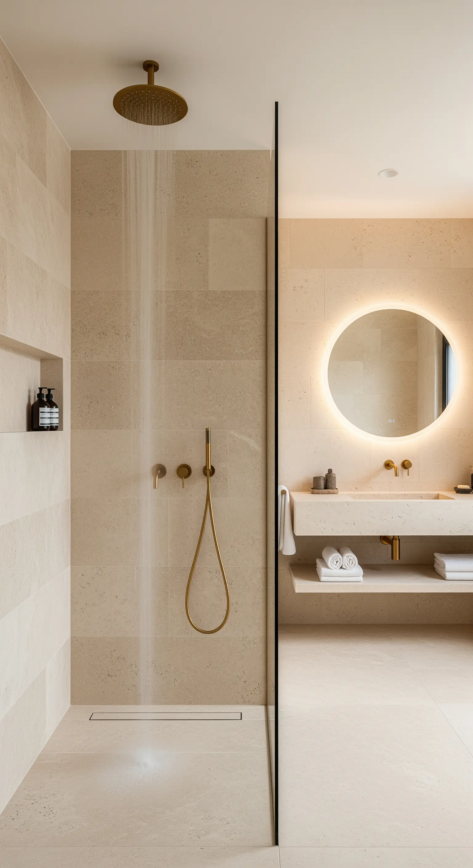 Modernes Bad in Beigetönen mit hinterleuchtetem Rundspiegel und goldener Regendusche.