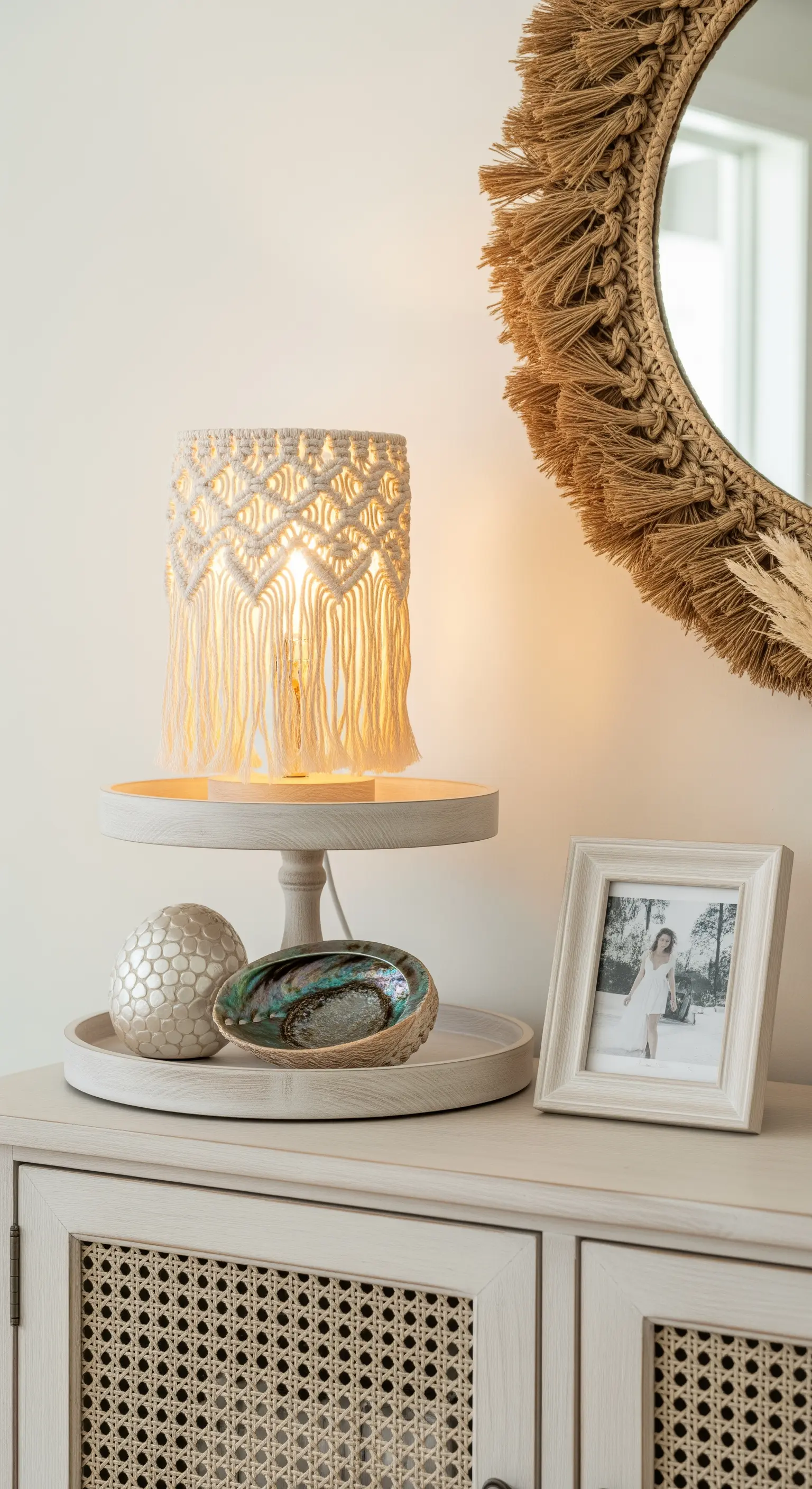 Kleine Etagere mit einer Makramee-Tischlampe, die ein warmes Licht wirft.