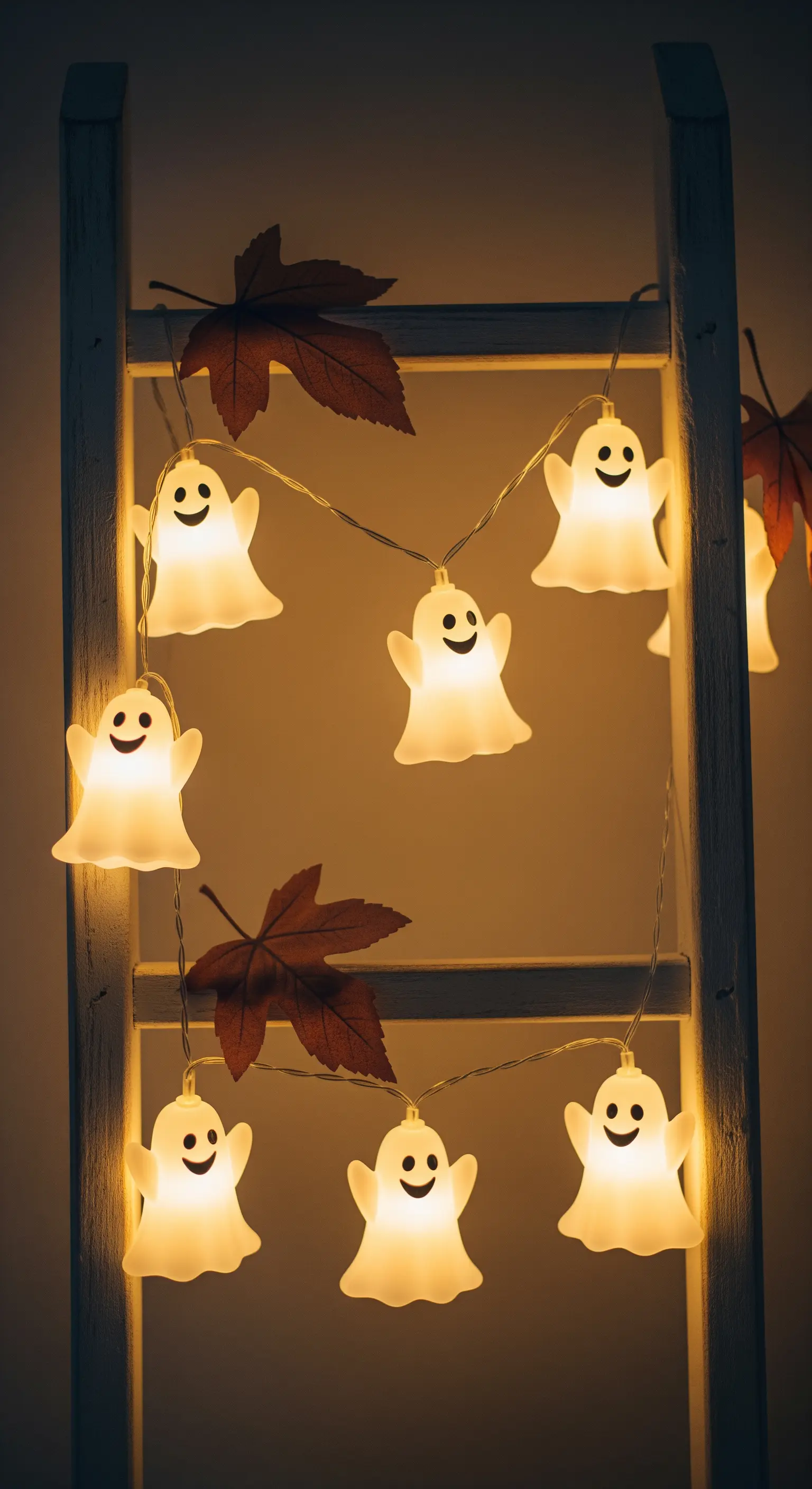 Eine Lichterkette mit lächelnden Geistern ist um eine weiße Holzleiter gewickelt und leuchtet warm.