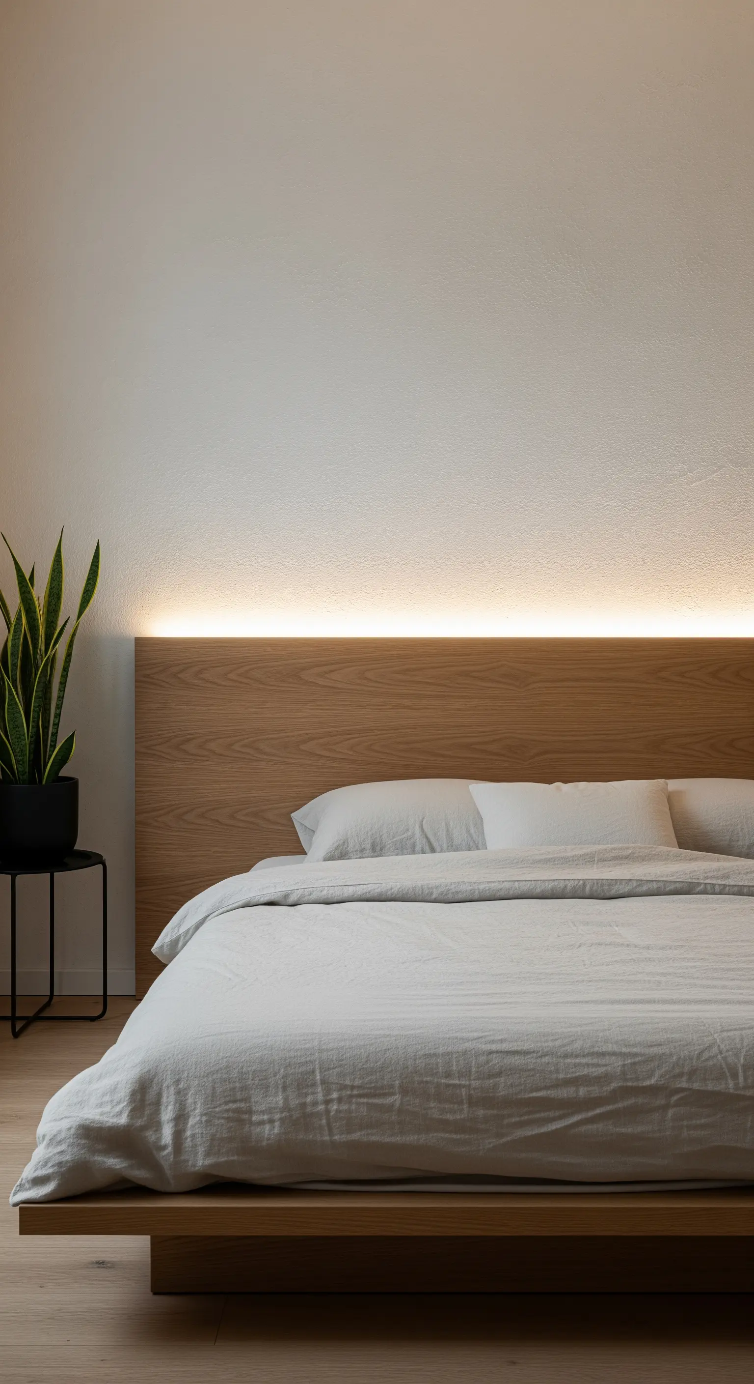 Indirekte LED-Beleuchtung hinter einem hölzernen Bettkopfteil in einem minimalistischen Schlafzimmer.