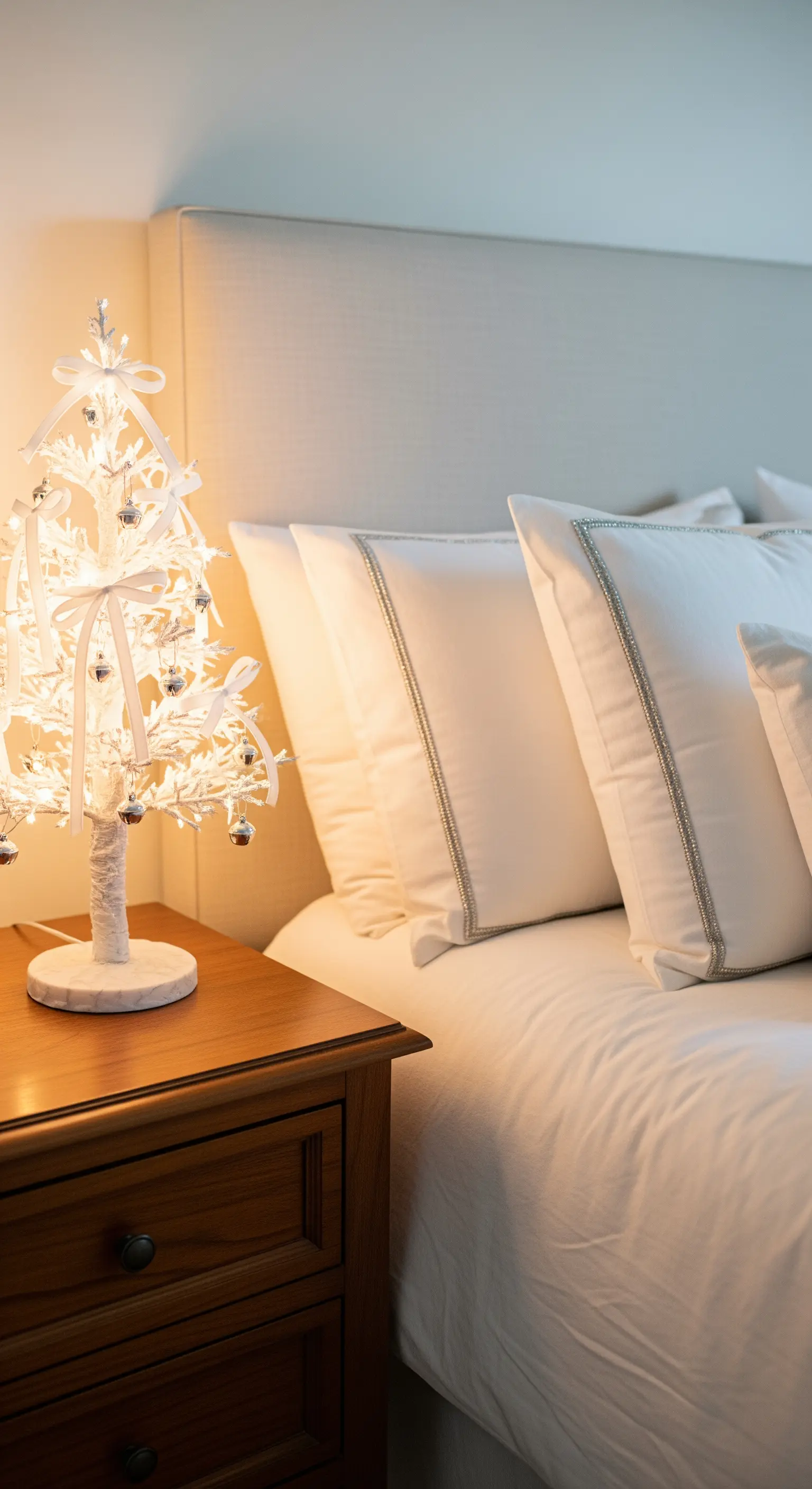 Beleuchteter weißer Mini-Weihnachtsbaum mit silbernen Glöckchen auf Nachttisch.