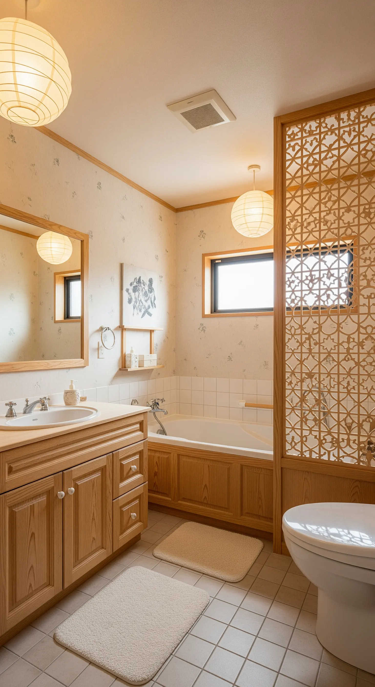Traditionell japanisch inspiriertes Badezimmer mit hellem Holz, Papierlaternen und gemusterten Trennwänden.