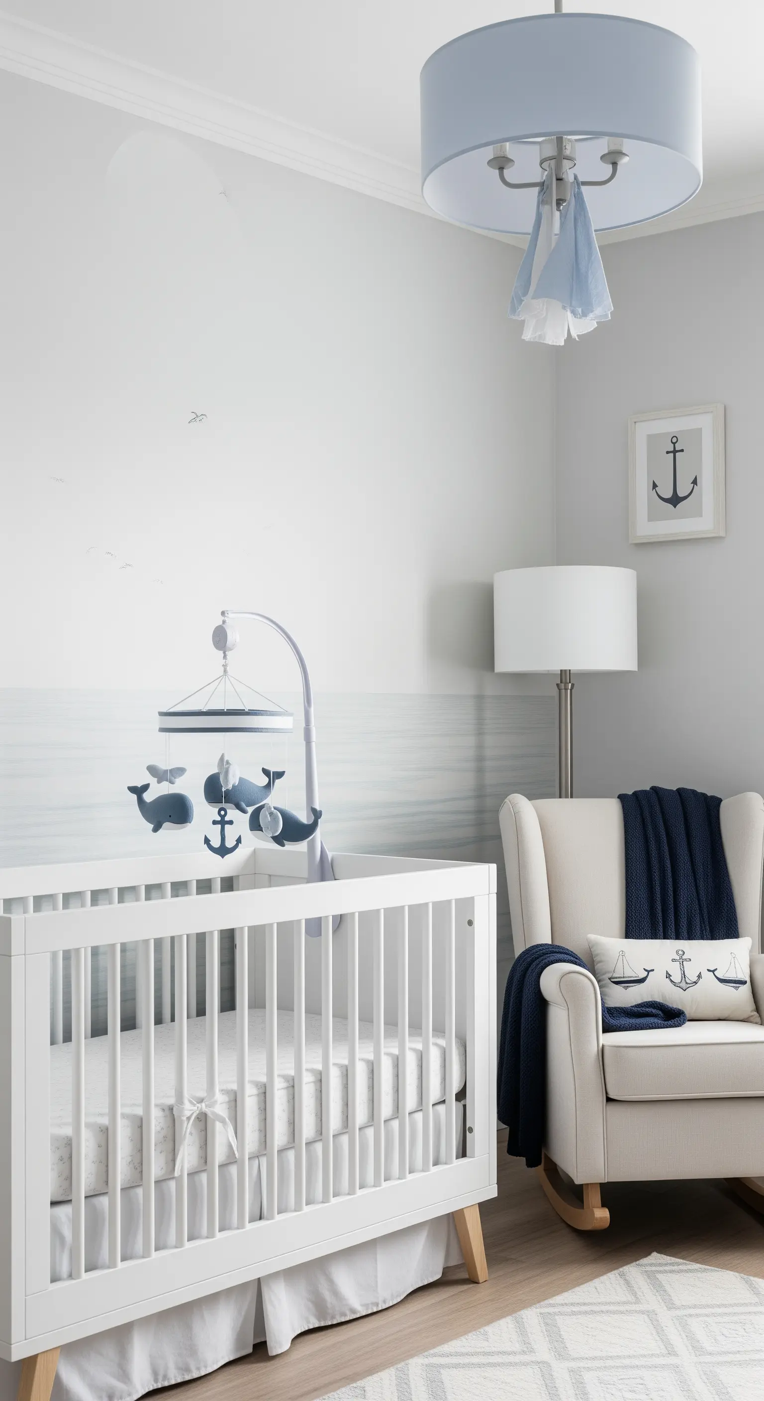 Kinderzimmer mit Wal-Mobile, blauem Wellen-Farbstreifen und maritimem Sessel