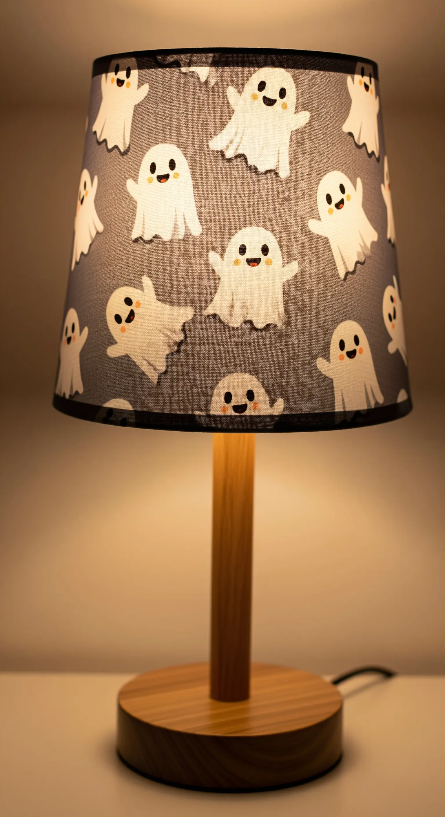 Eine kleine Tischlampe mit Holzfuß, deren grauer Lampenschirm mit einem Muster aus süßen, weißen Geistern bedruckt ist.