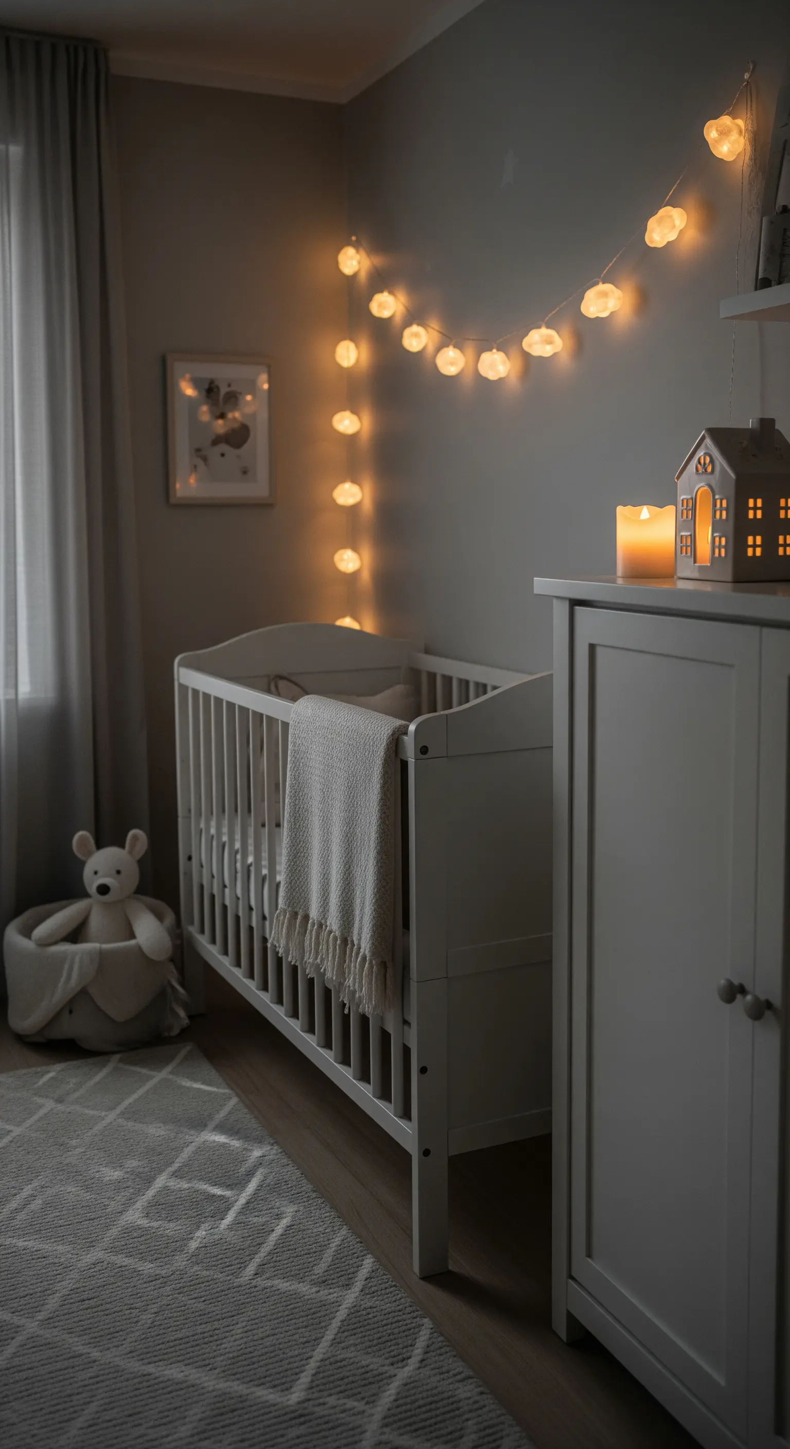 Kinderzimmer mit einer wolkenförmigen Lichterkette an der Wand als sanftes Nachtlicht.