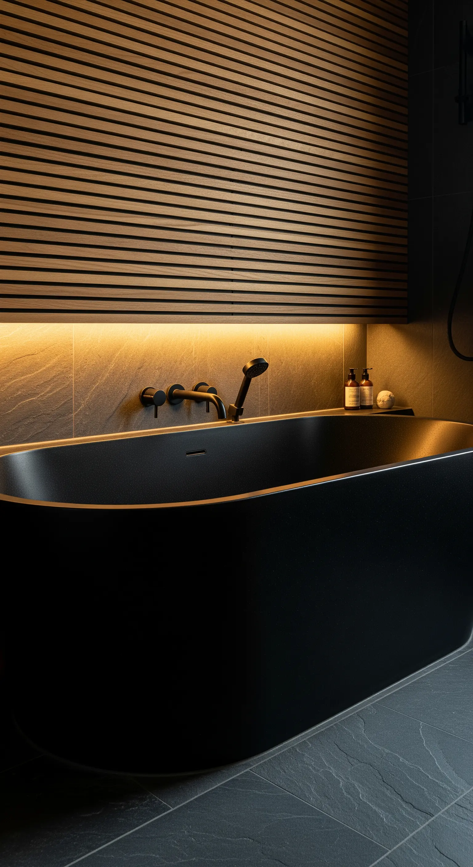 Badezimmer mit Holzlamellenwand und indirekter Beleuchtung über einer schwarzen Badewanne.