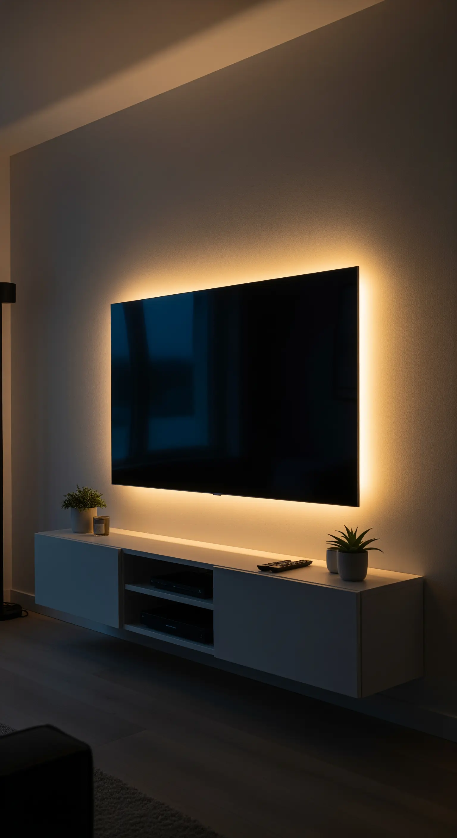 Ein an der Wand montierter Fernseher wird von einem warmweißen LED-Streifen von hinten beleuchtet.
