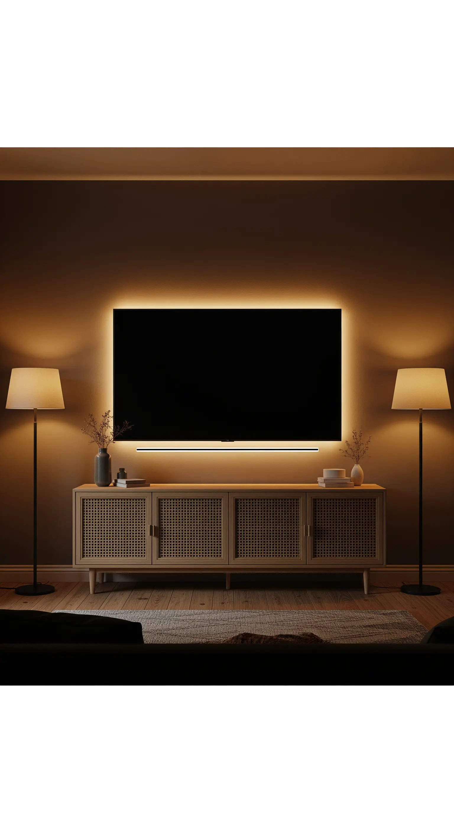 Ein Fernseher mit LED-Hintergrundbeleuchtung über einem Sideboard, flankiert von zwei Stehlampen.