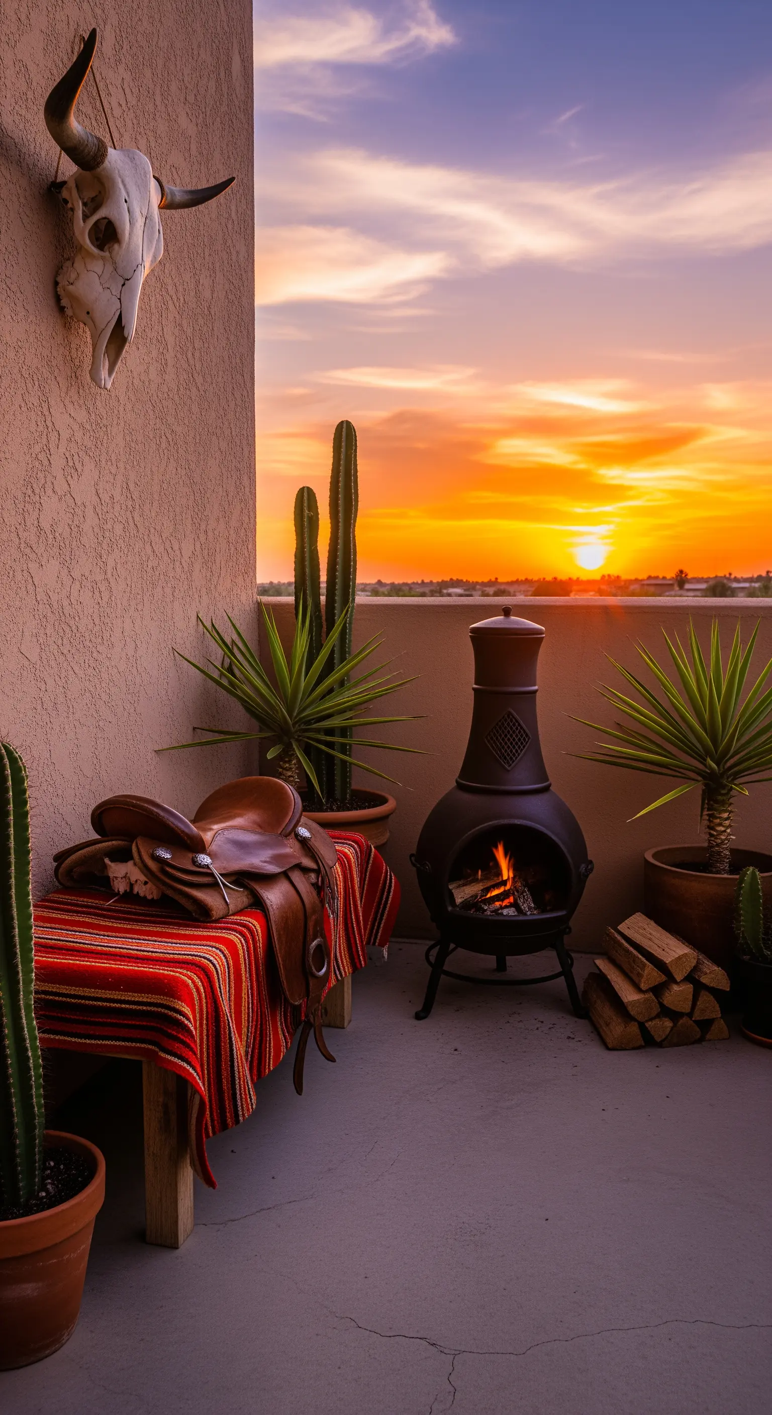 Balkon im Southwestern-Stil mit einer Chiminea, Kakteen und einer Decke mit Streifenmuster.