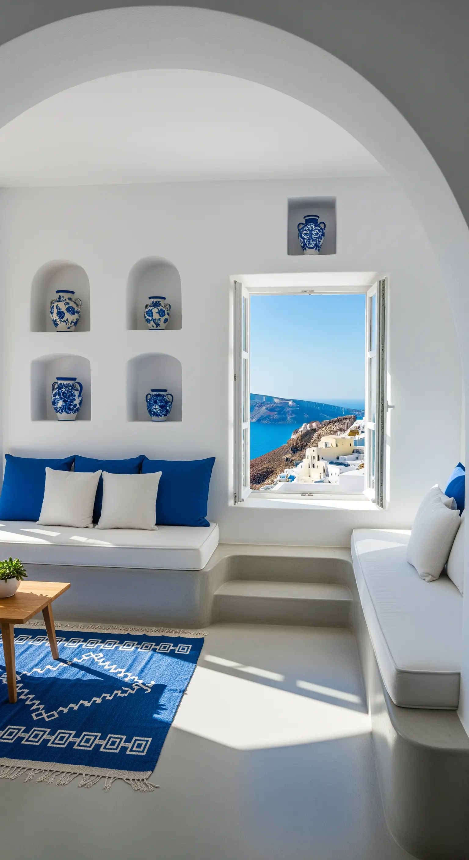 Santorini Wohnzimmer, Blau-Weiß, Nischen, Keramik, Meerblick, minimalistisch
