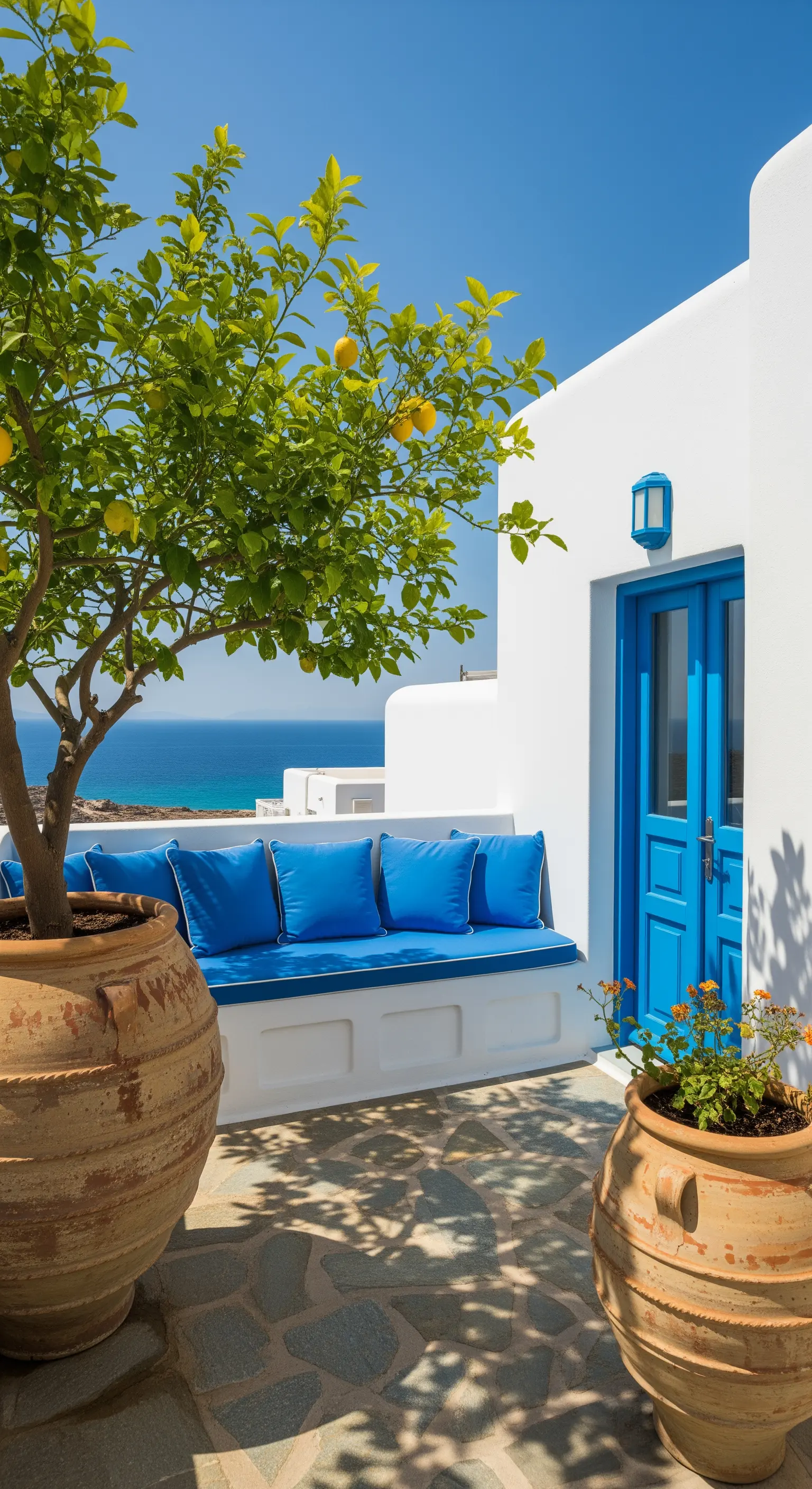 Balkon im Santorini-Stil mit weißer Bank, leuchtend blauen Kissen und Terrakotta-Amphoren.