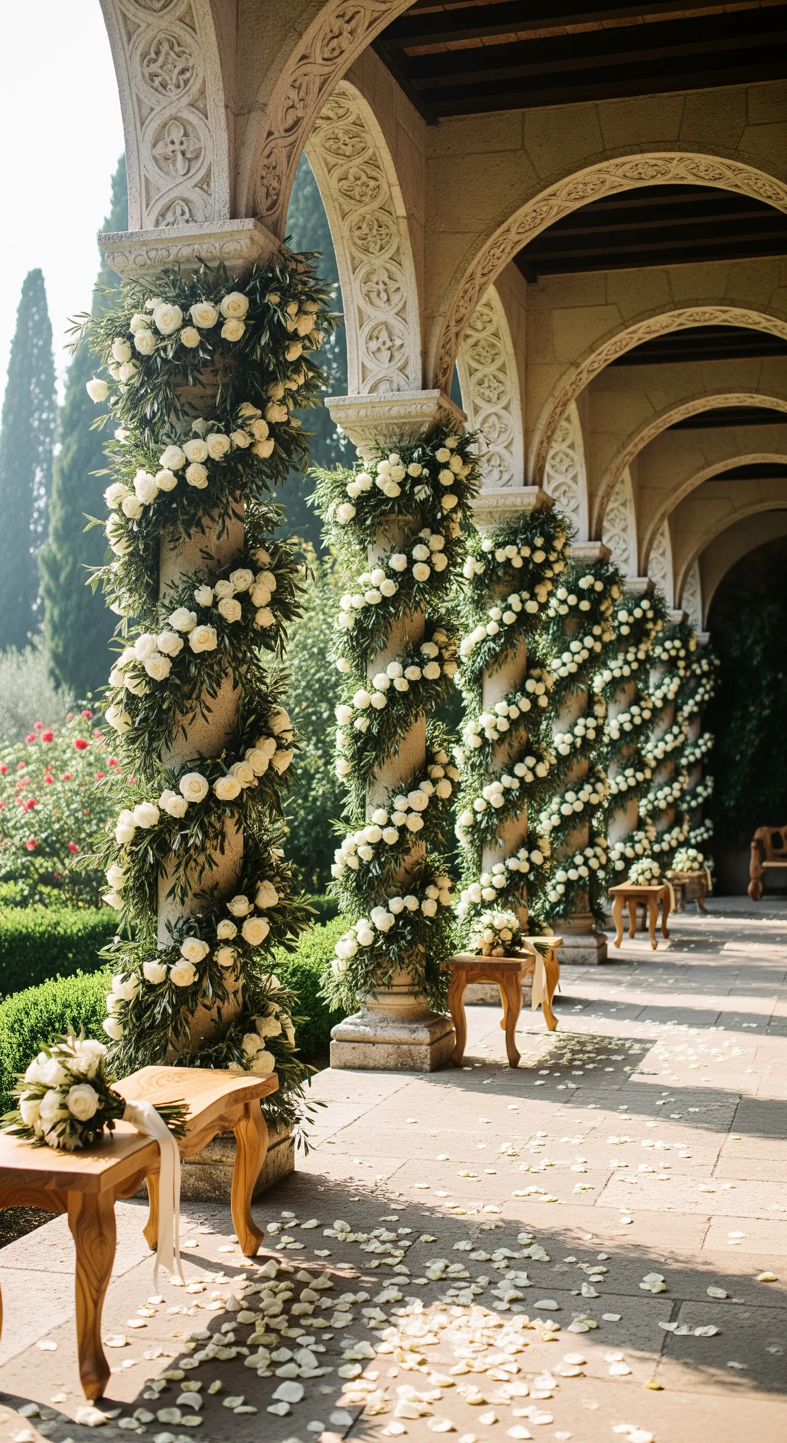Säulen, geschmückt mit spiralförmigen Girlanden aus weißen Rosen und Grün