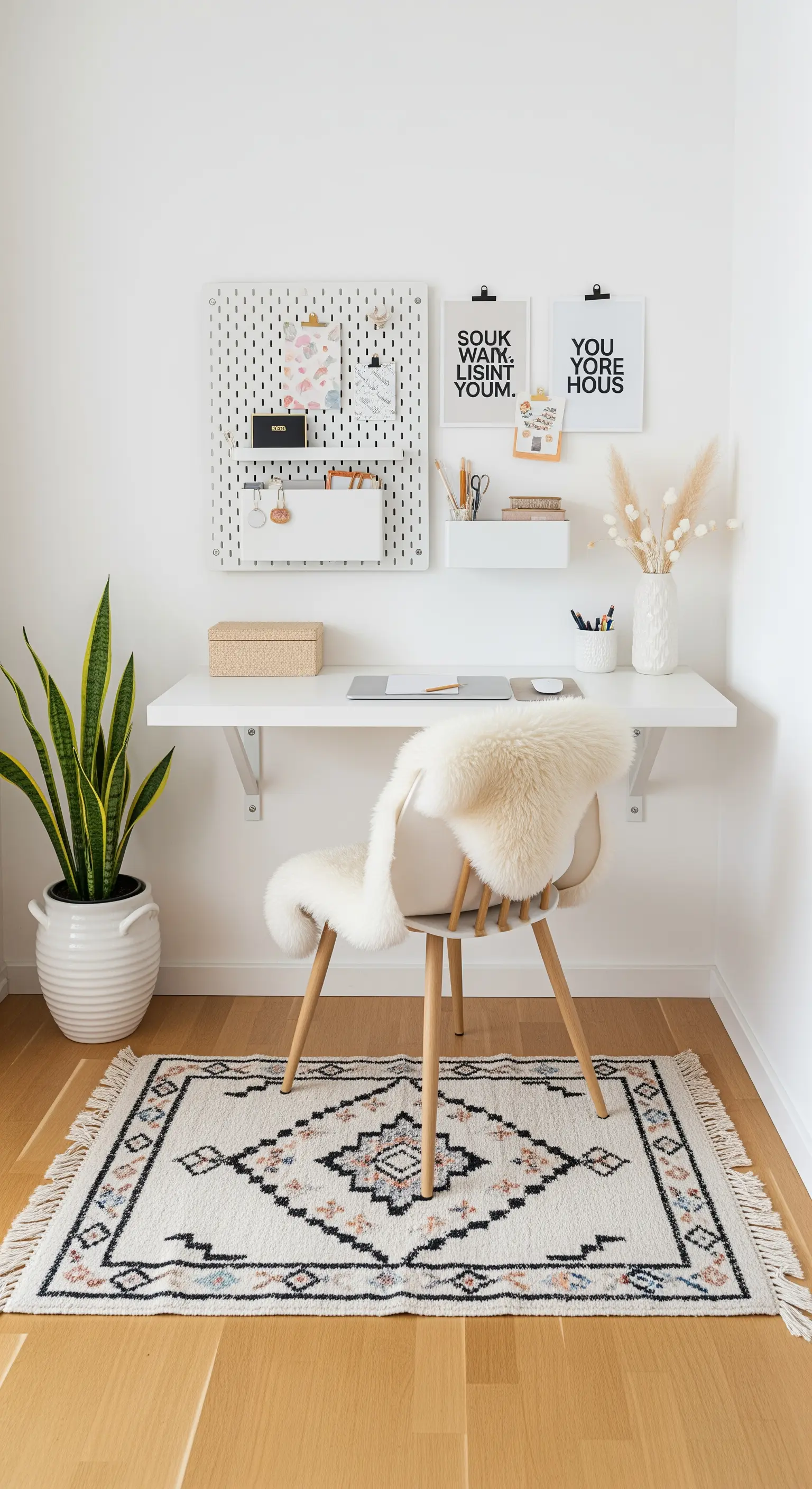 Minimalistisches Scandi-Boho-Homeoffice mit Steckbrett und Schaffell