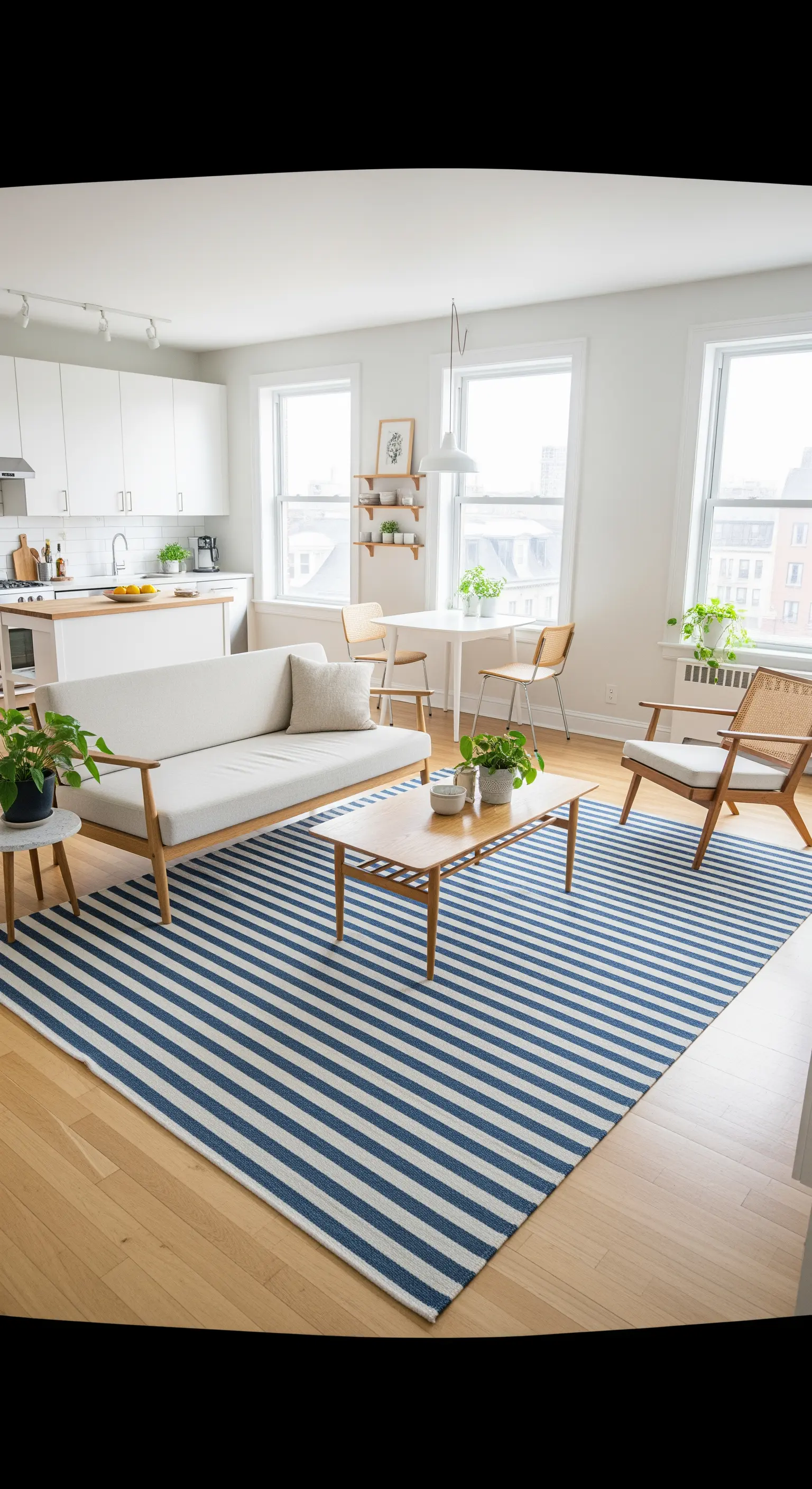 Offenes Wohnzimmer mit blau-weiß gestreiftem Teppich, hellem Holz und Pflanzen im Scandi-Boho-Stil.
