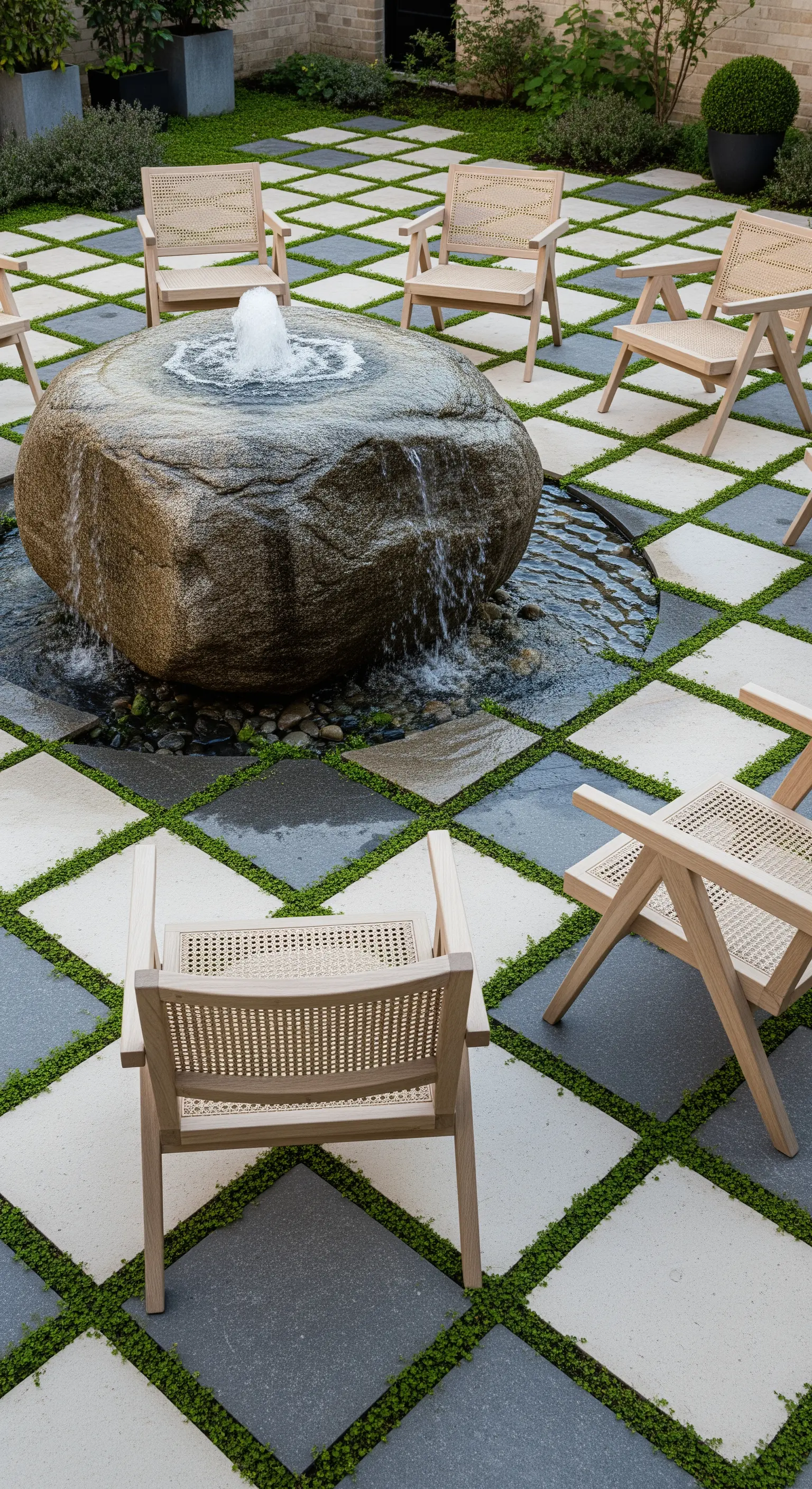 Schachbrett-Patio mit Felsenbrunnen und Rattan-Stühlen