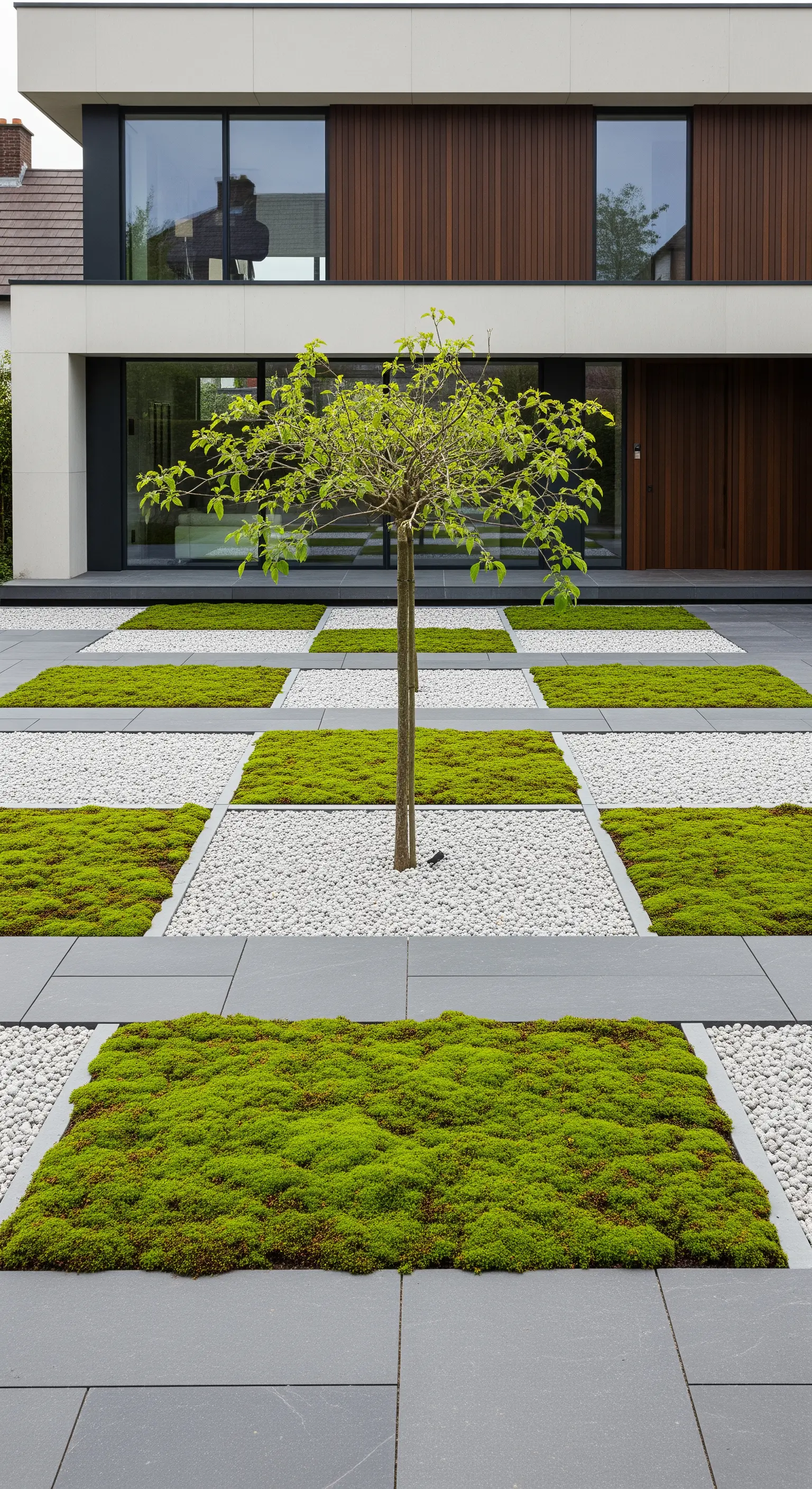 Japandi Vorgarten mit Moos- und Kiesflächen in Schachbrettmuster