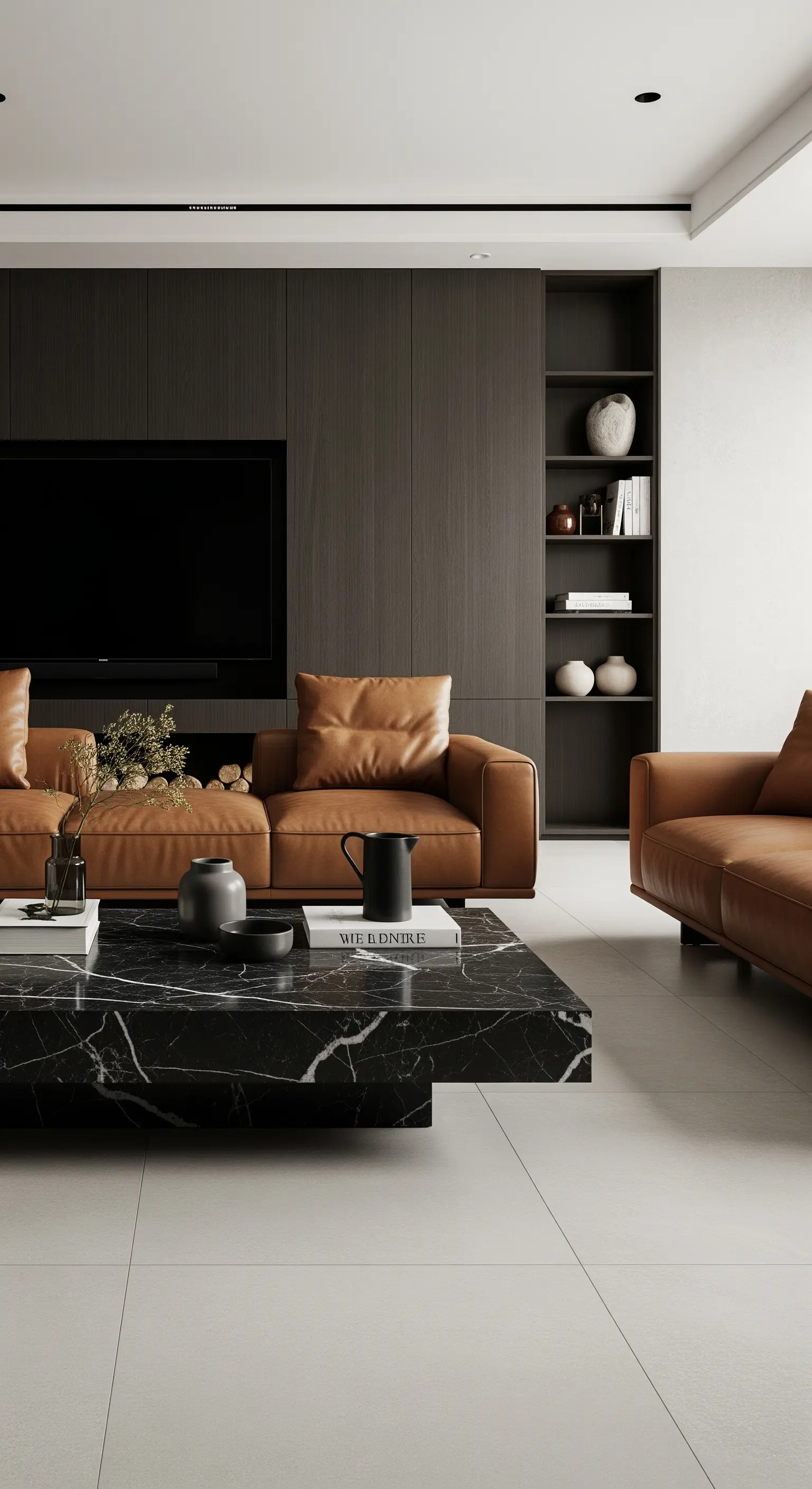 Quadratischer schwarzer Marmortisch umgeben von cognacfarbenen Ledermöbeln und dunklem Holz.