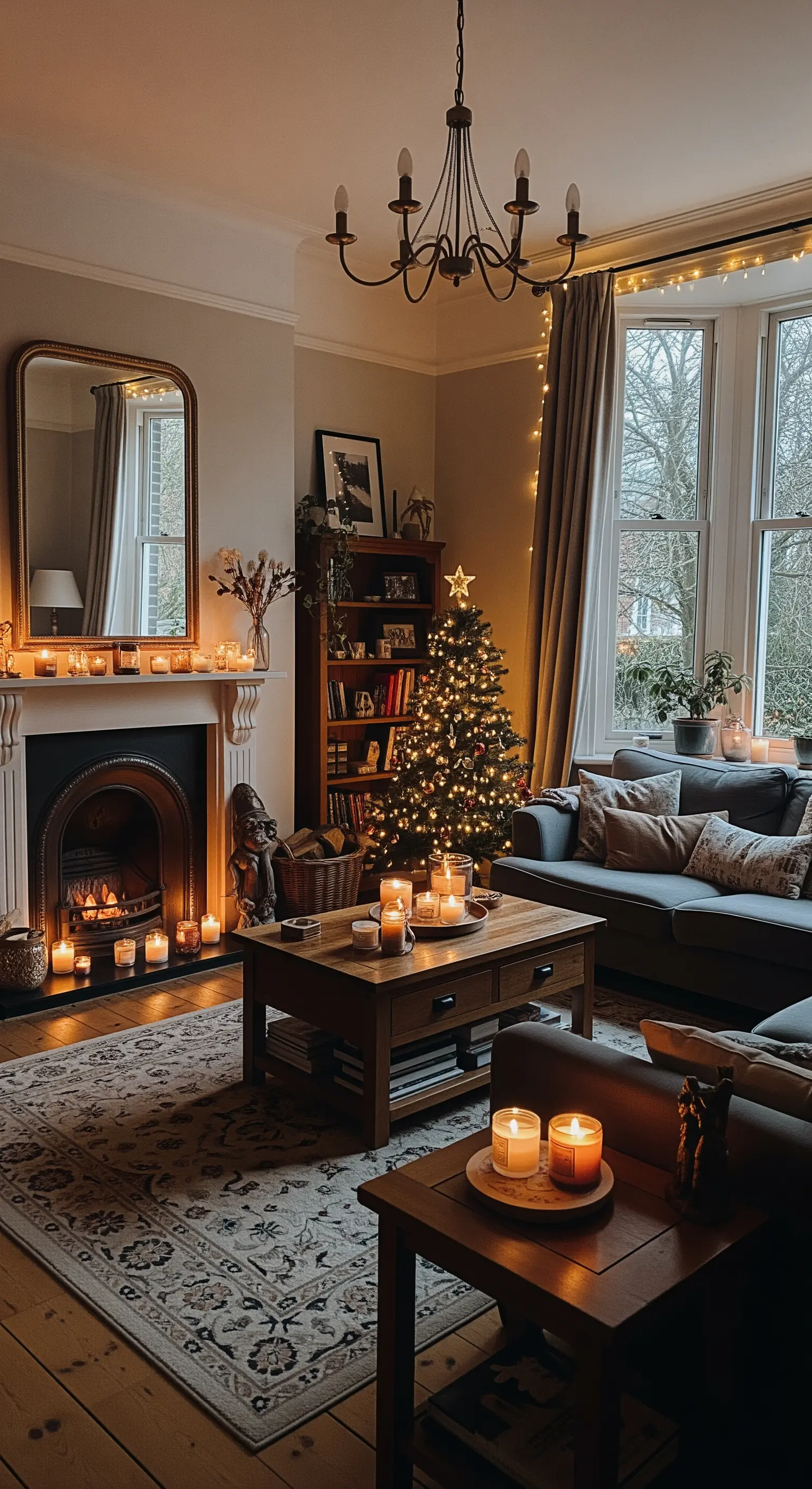 Wohnzimmer mit vielen Kerzen auf dem Couchtisch, Kaminsims und Beistelltischen.