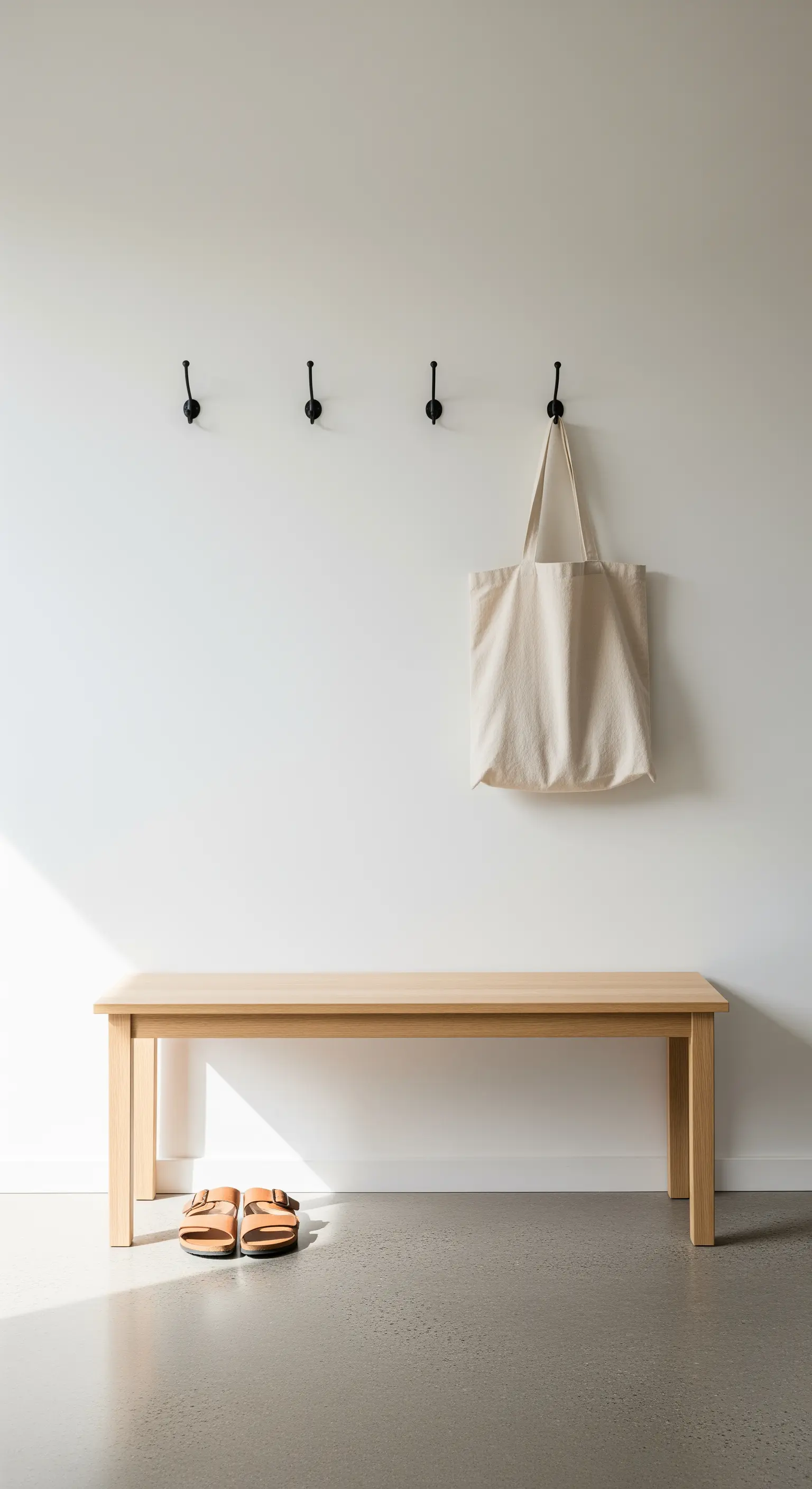 Minimalistischer Eingangsbereich mit Holzbank und schwarzen Haken an einer weißen Wand.