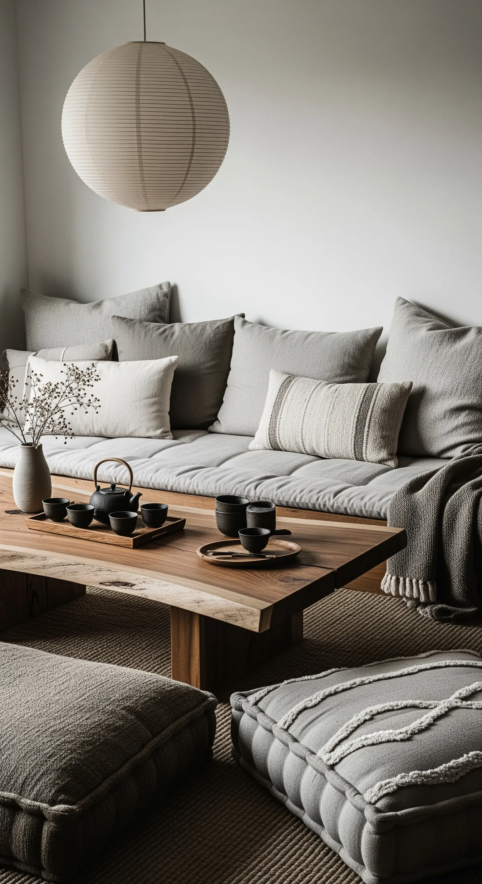 Bodennahe Sitzecke im Japandi-Stil mit vielen grauen Kissen und einem massiven Holztisch.