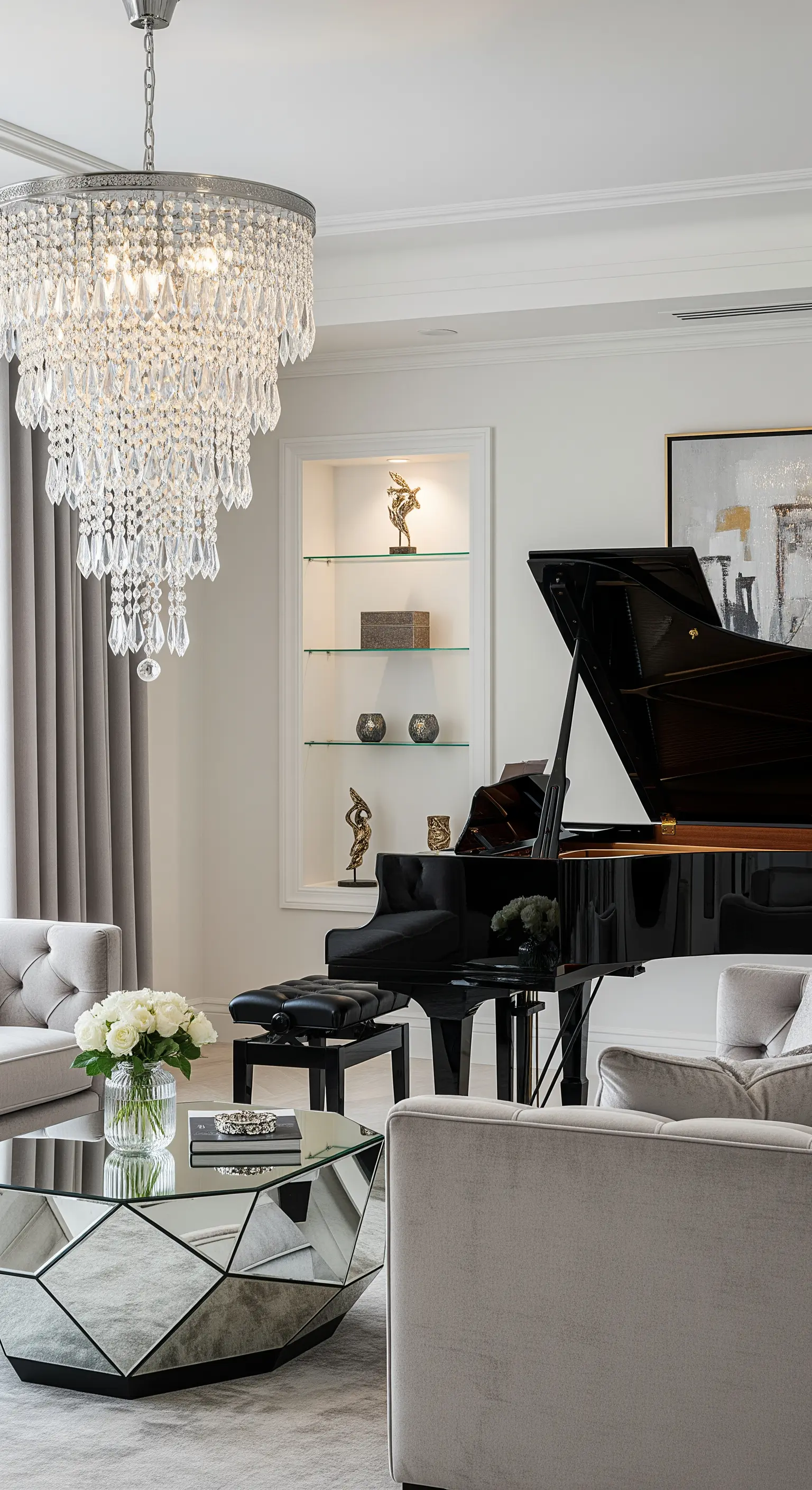 Eleganter Kristall-Kronleuchter über einem schwarzen Flügel in einem luxuriösen Wohnzimmer.