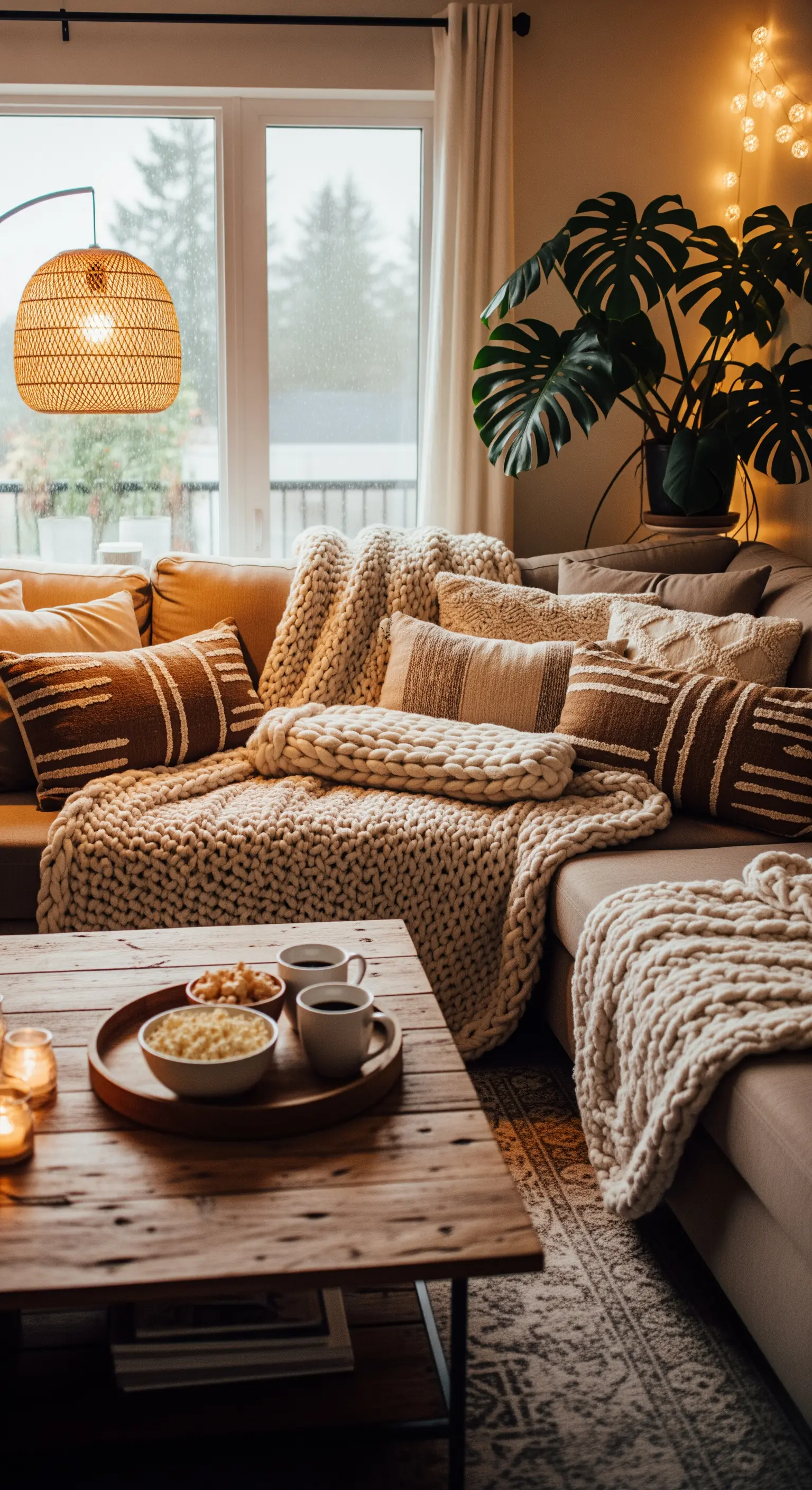 Gemütliches Boho-Sofa mit vielen Decken und Kissen in Erdtönen an einem regnerischen Tag.