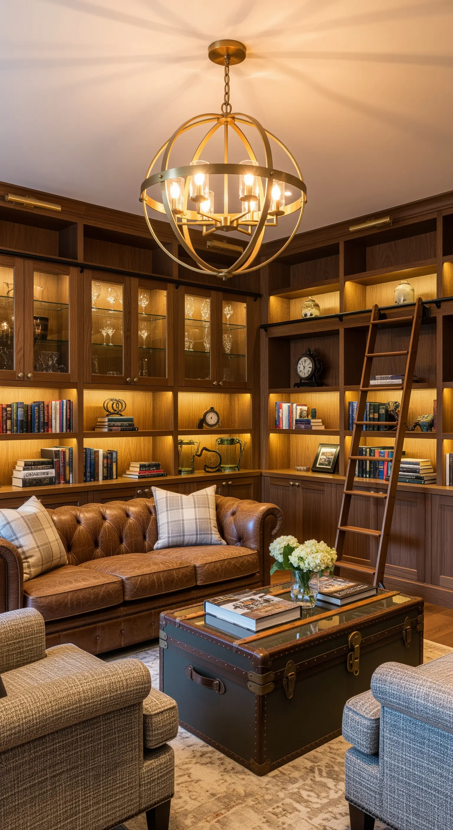 Goldene Kugel-Leuchte in einer gemütlichen Bibliothek mit beleuchteten Regalen und Ledersofa.