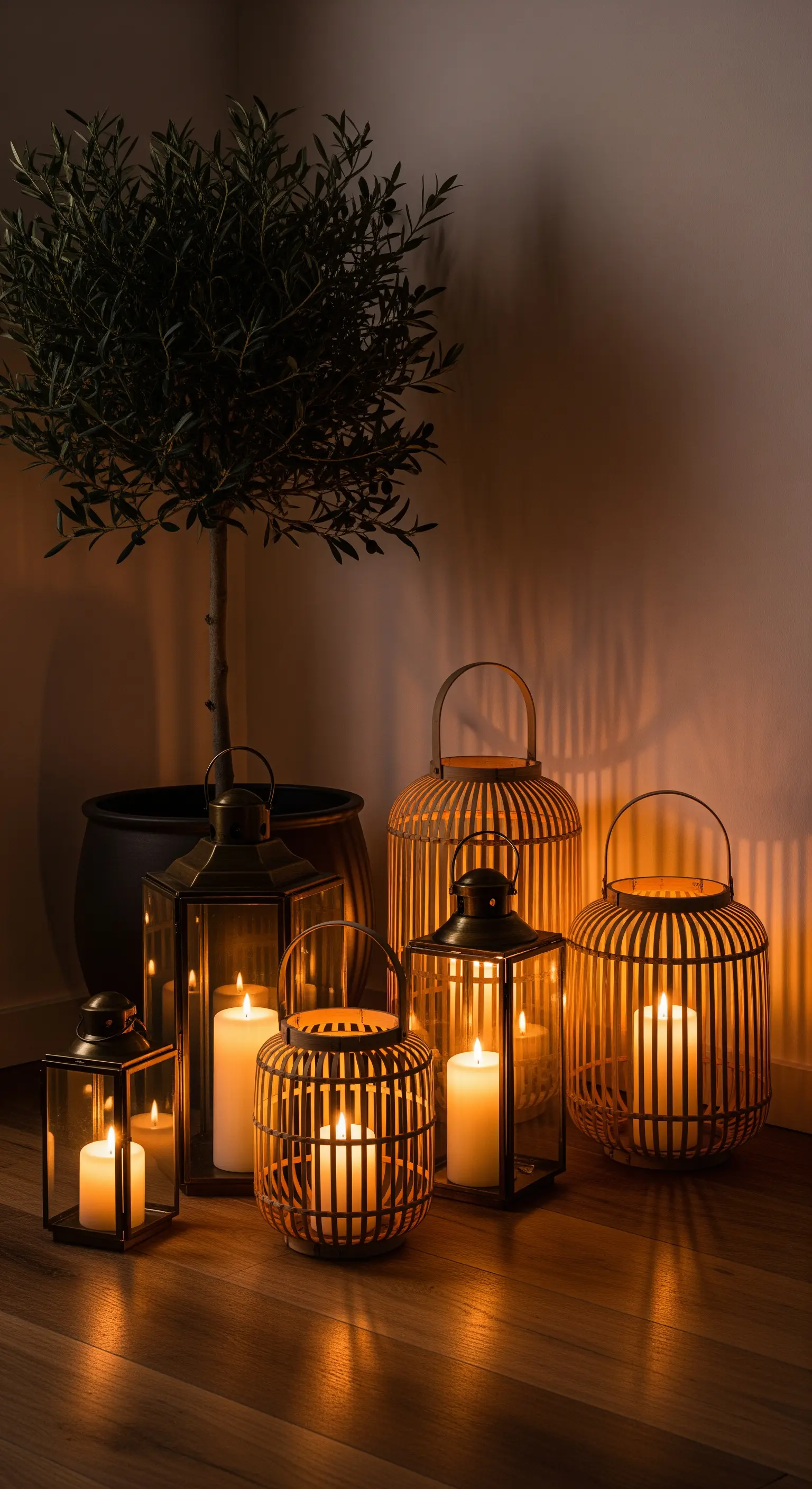 Eine Gruppe von Laternen aus Metall und Bambus in verschiedenen Größen, die mit Kerzen leuchten