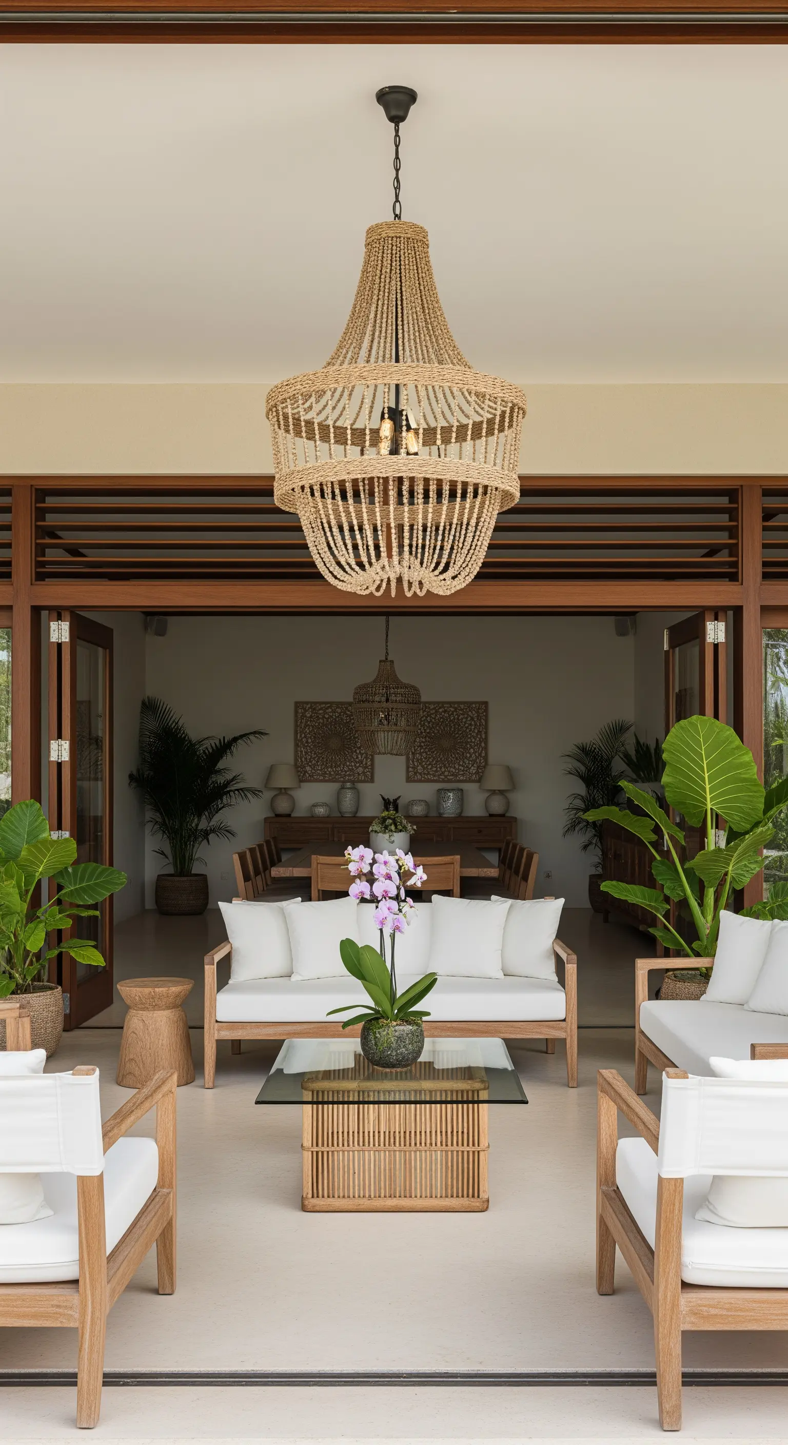 Großer Rattan-Kronleuchter in einer überdachten Outdoor-Lounge mit hellen Holzmöbeln.