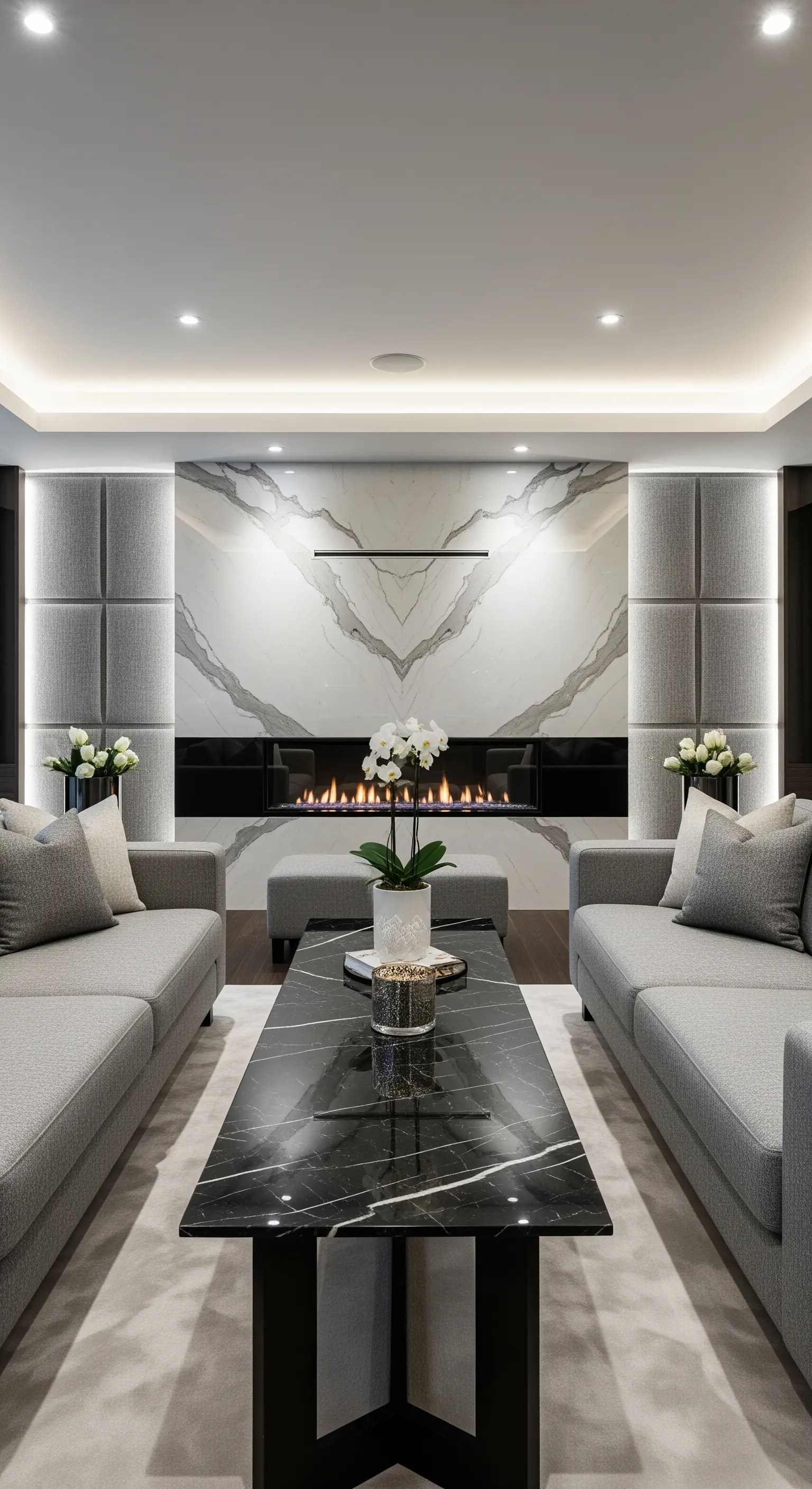 Langer, schmaler schwarzer Marmortisch zwischen zwei grauen Sofas vor einem modernen Kamin.