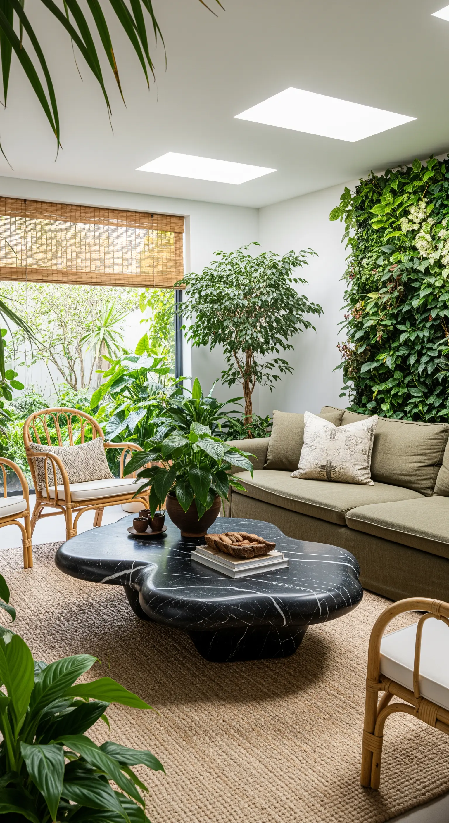 Organisch geformter schwarzer Marmortisch umgeben von Zimmerpflanzen und einer grünen Wand.