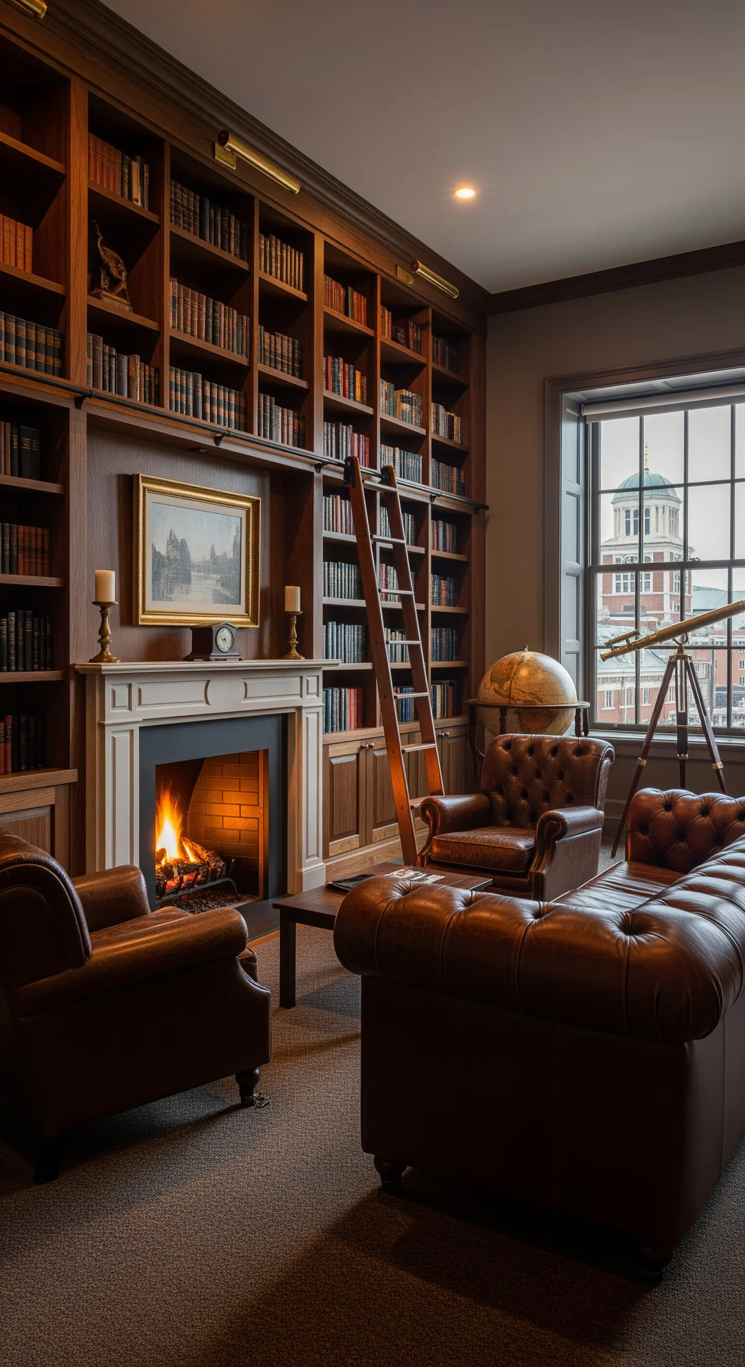 Klassisches Bibliothekszimmer mit Holzwänden, Kamin, Ledersesseln und einer Leiter.