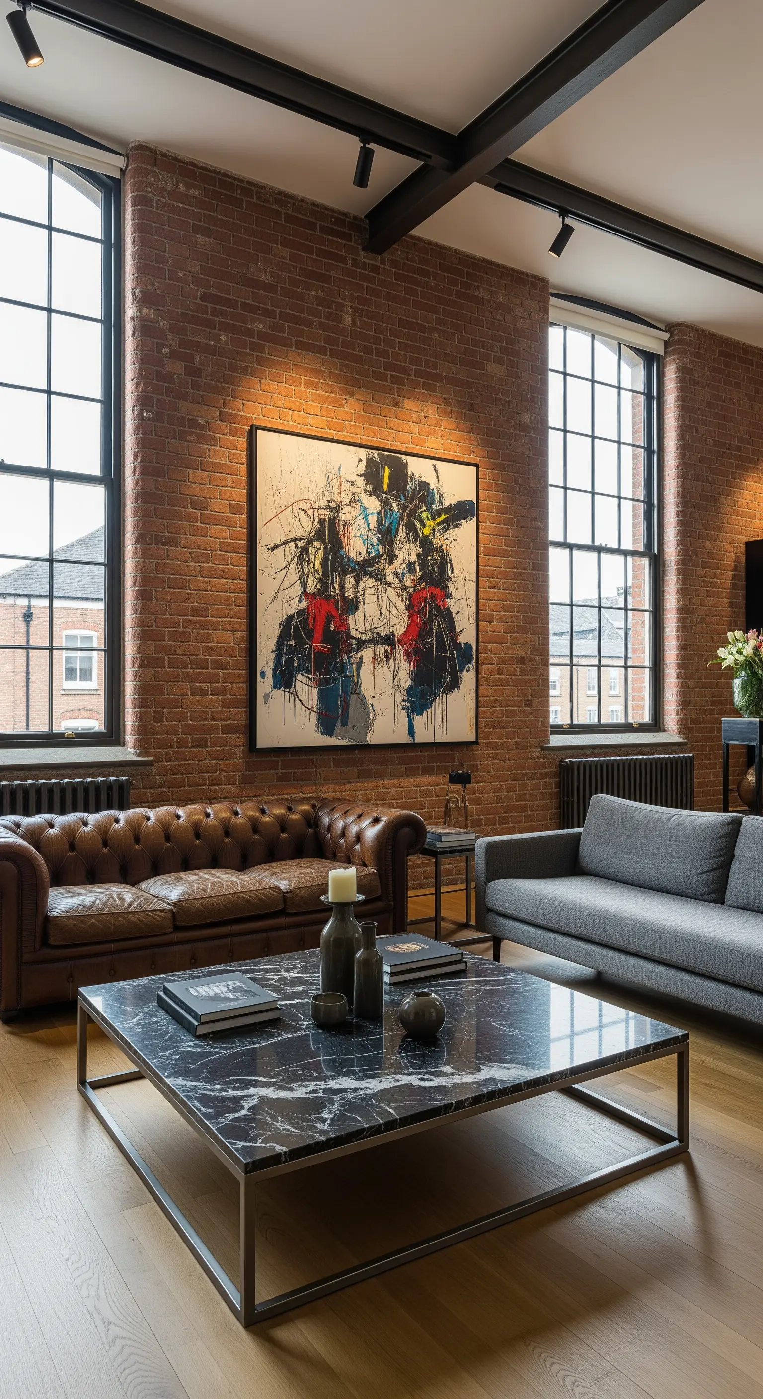 Quadratischer schwarzer Marmortisch in einem Loft mit Backsteinwänden und Ledersofa.