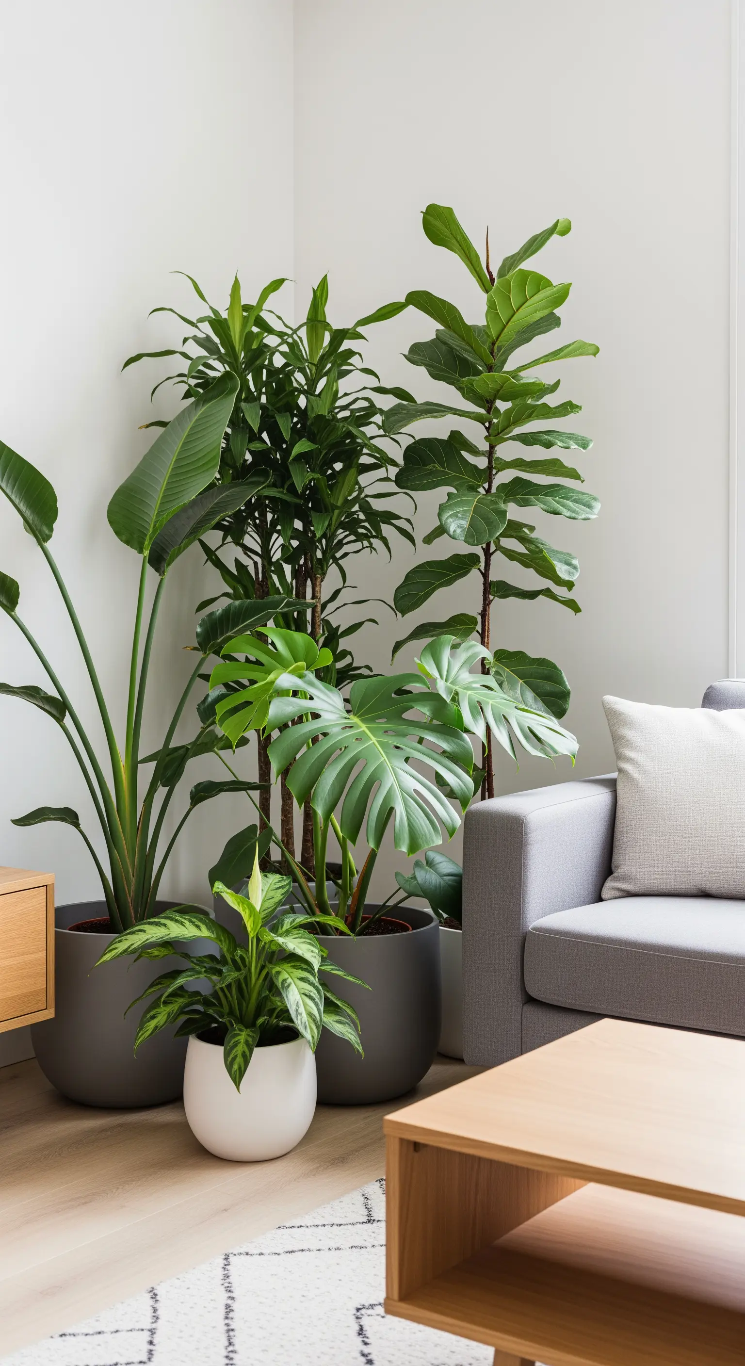 Eine Gruppe von verschiedenen Zimmerpflanzen in grauen und weißen Töpfen in einer Ecke