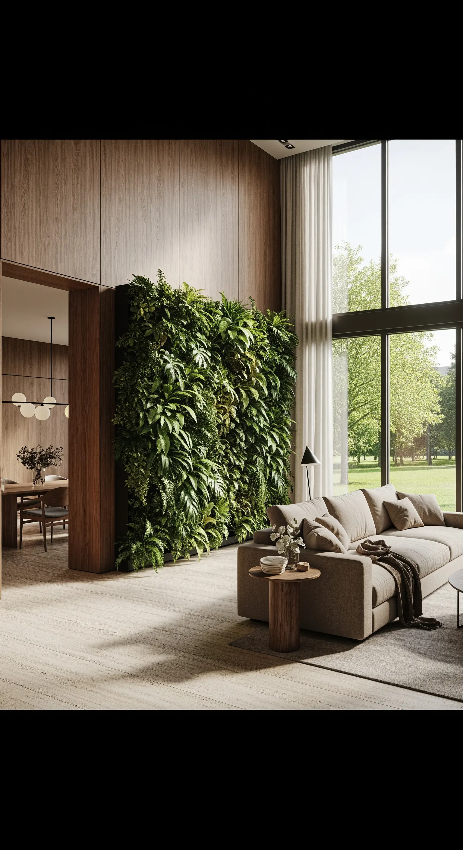 Modernes Wohnzimmer mit einer großen, vertikalen Pflanzenwand neben einem beigen Sofa.