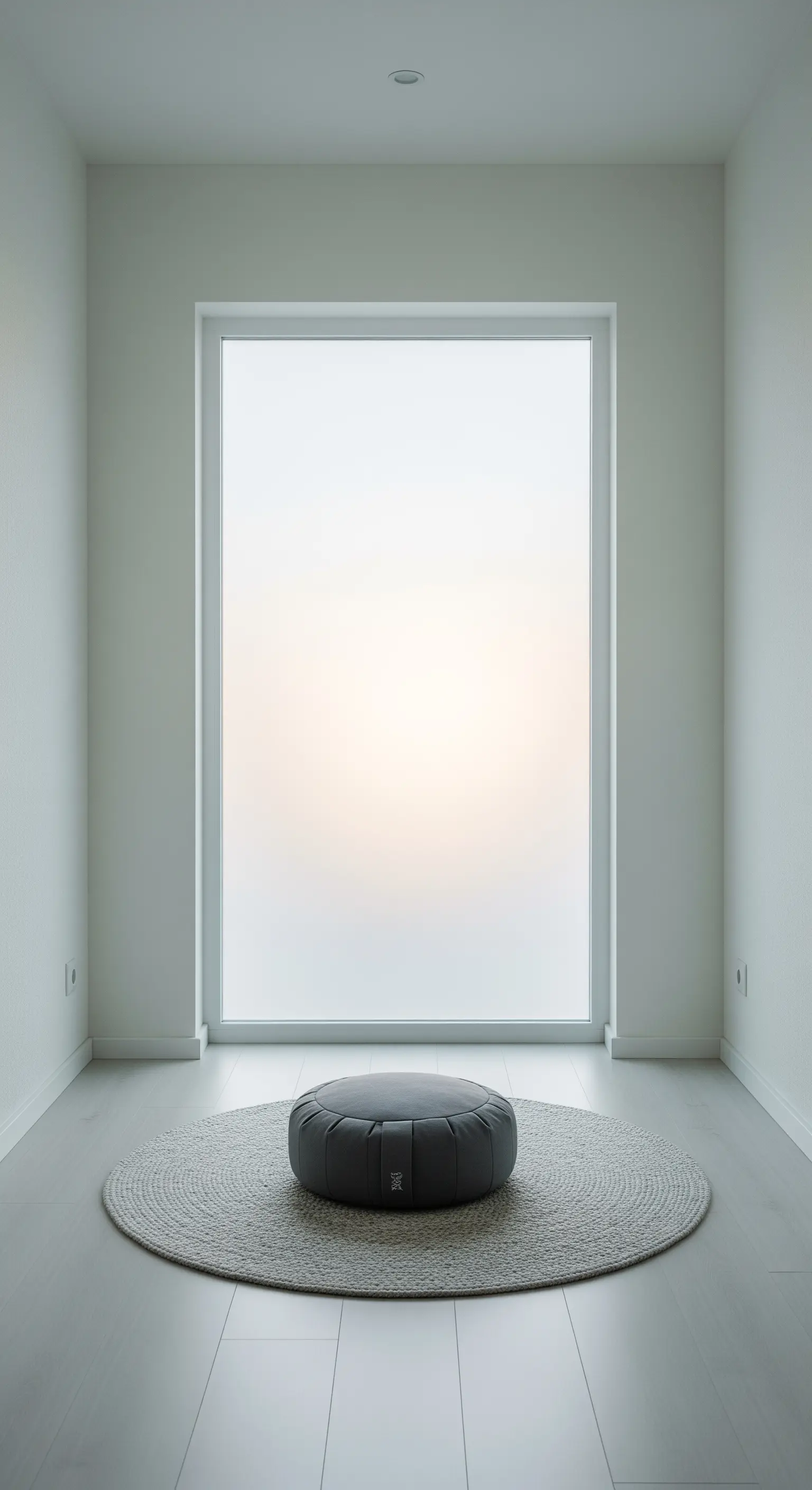 Ein leerer, heller Raum mit einem Meditationskissen auf einem Teppich vor einem matten Fenster.