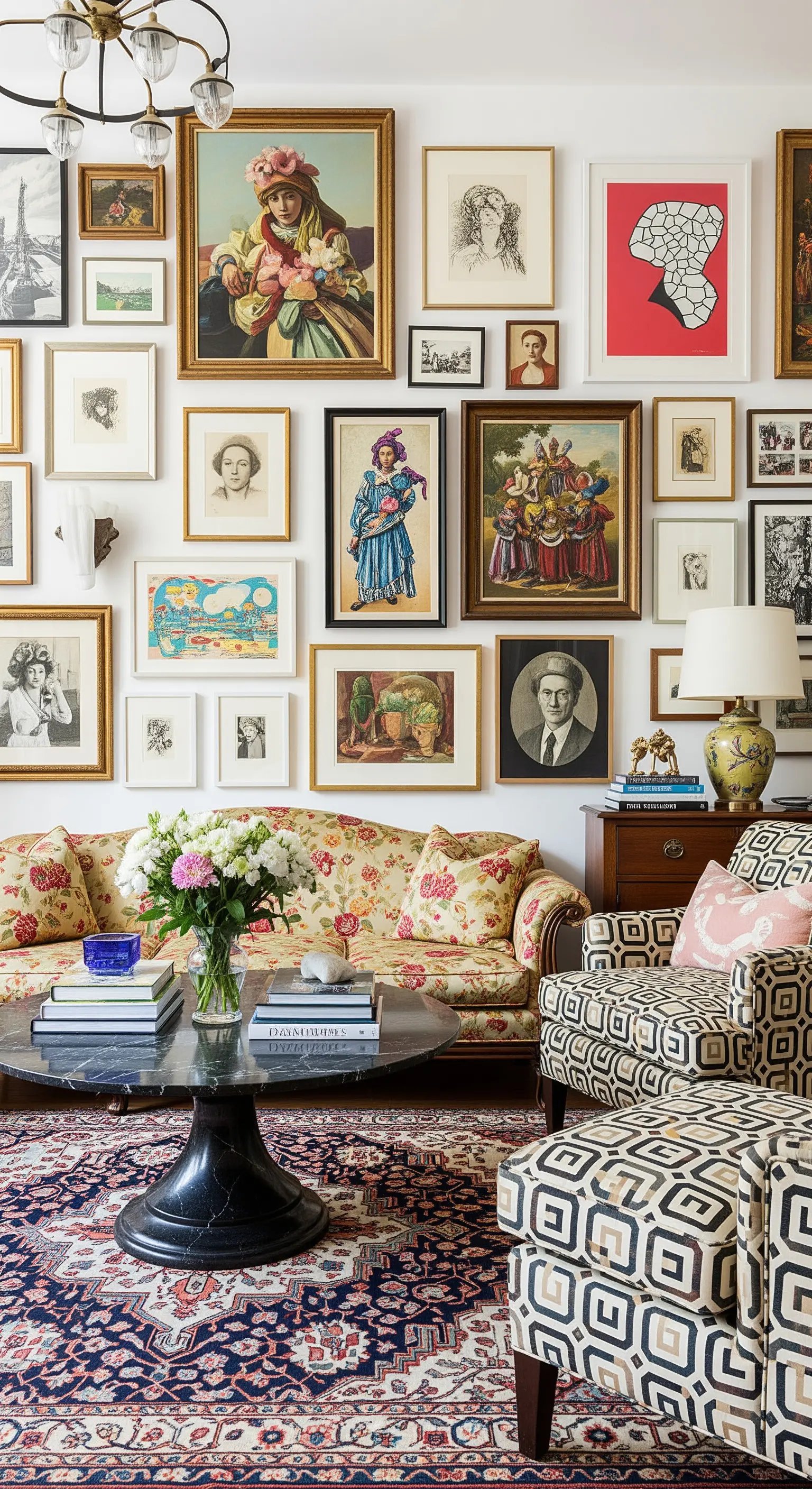 Runder schwarzer Marmortisch vor einer bunten Galeriewand und gemusterten Möbeln.