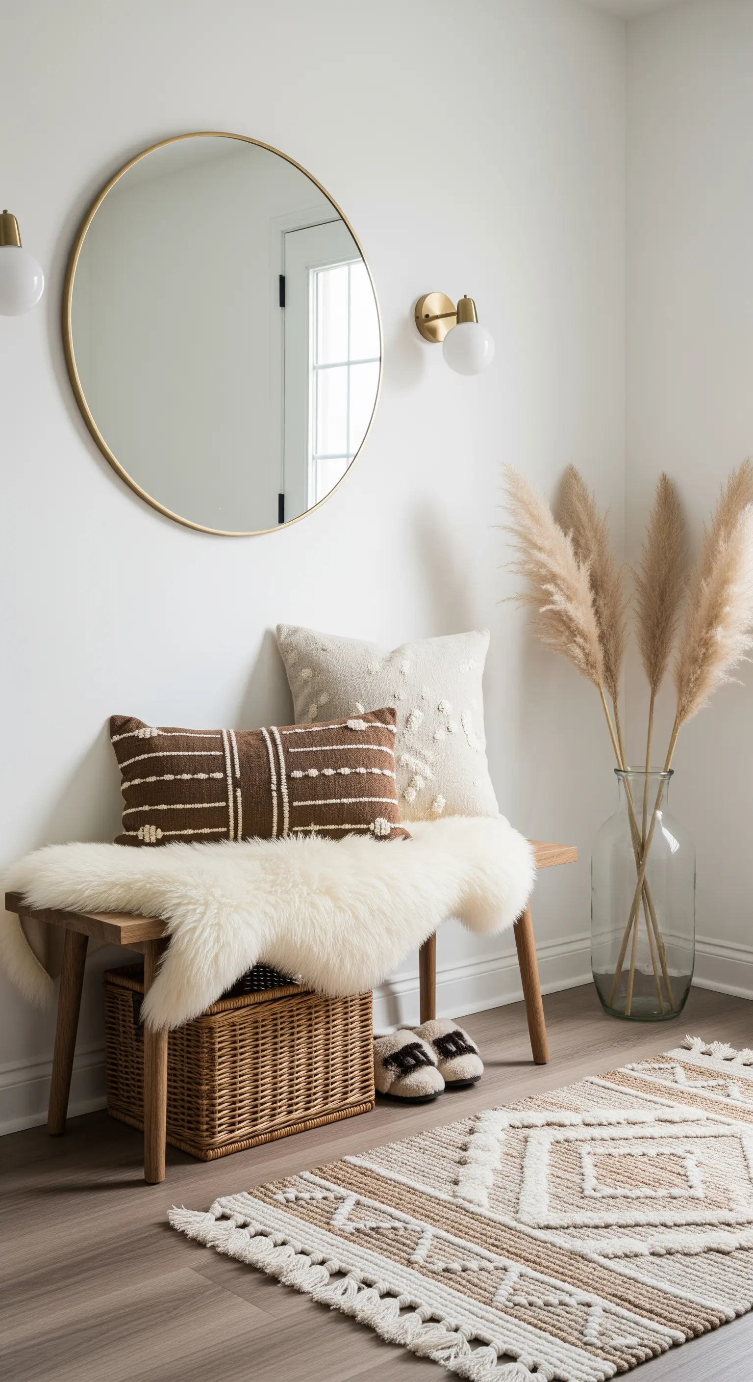 Einladender Eingangsbereich mit Holzbank, rundem Spiegel und einer Vase mit Pampasgras