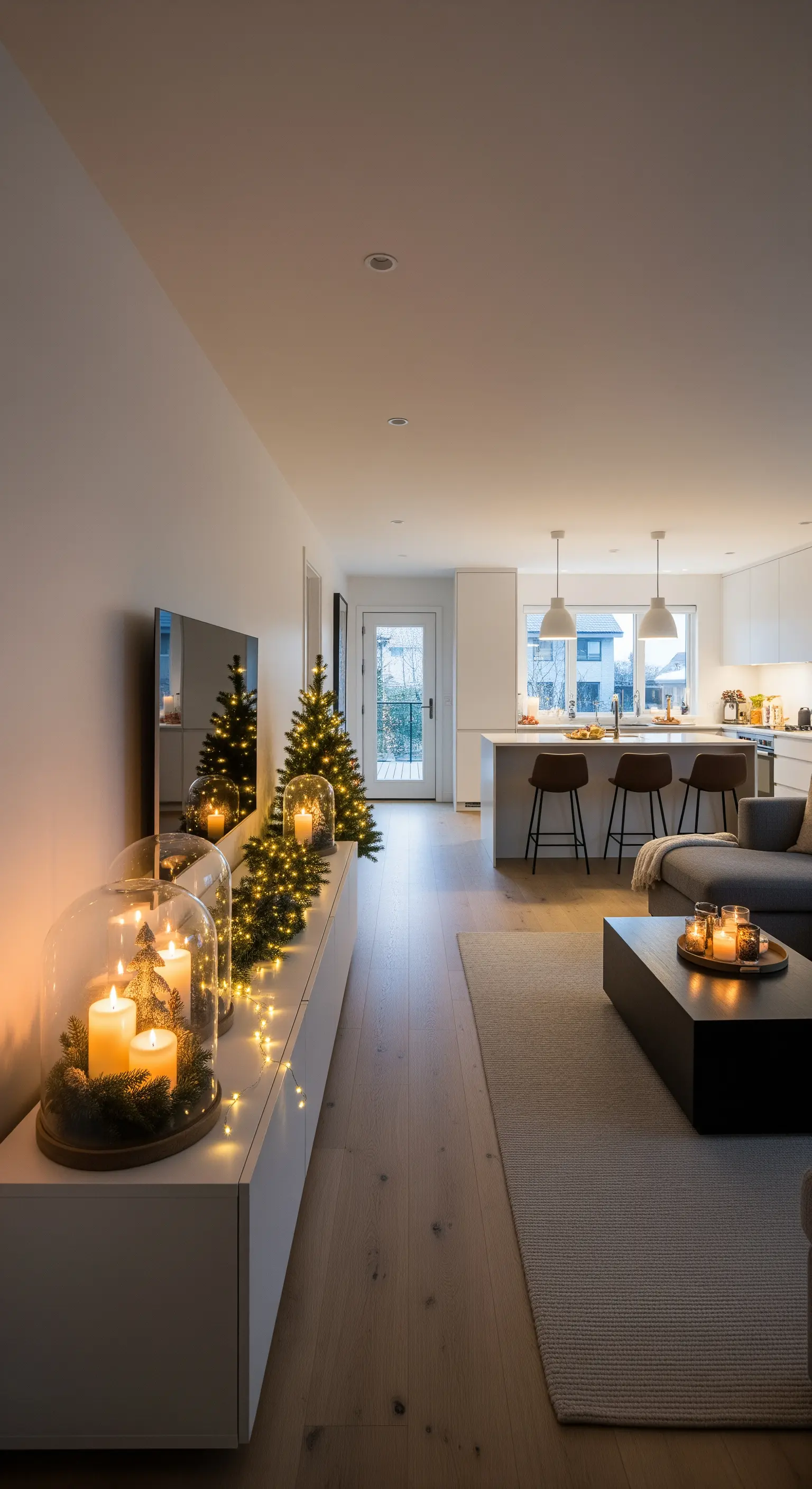 Modernes Sideboard mit Kerzen unter Glasglocken und einer Lichterkette.